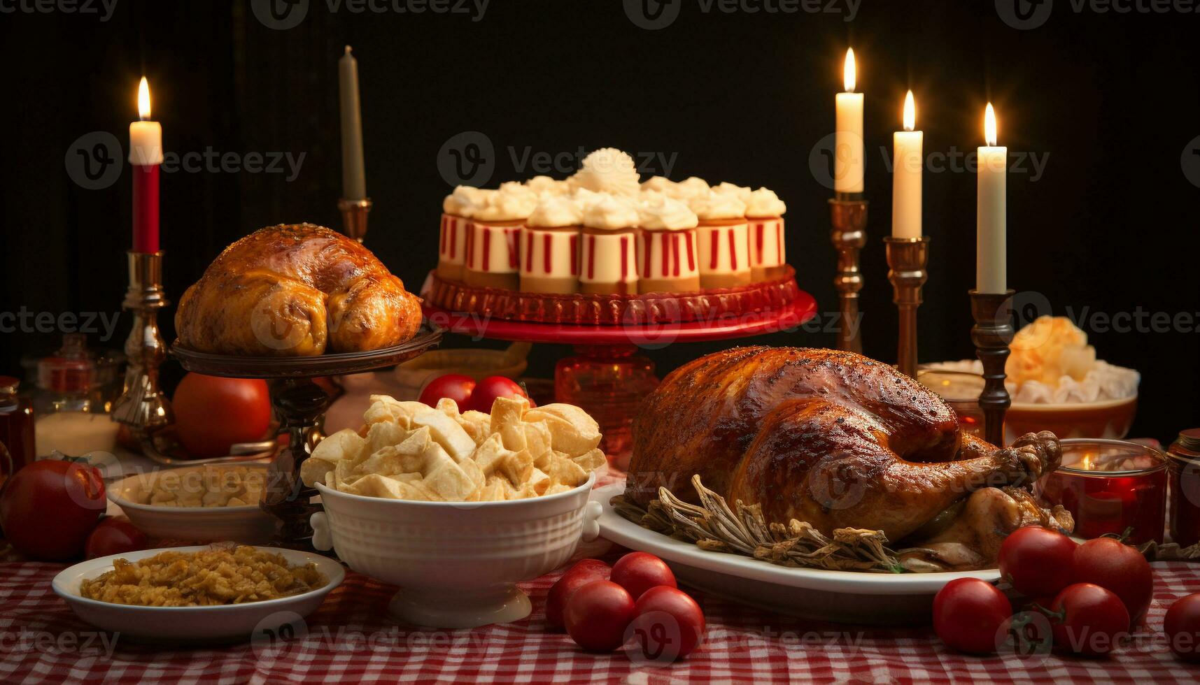 AI generated Roast turkey, pumpkin, candle, warmth Thanksgiving celebration feast generated by AI photo