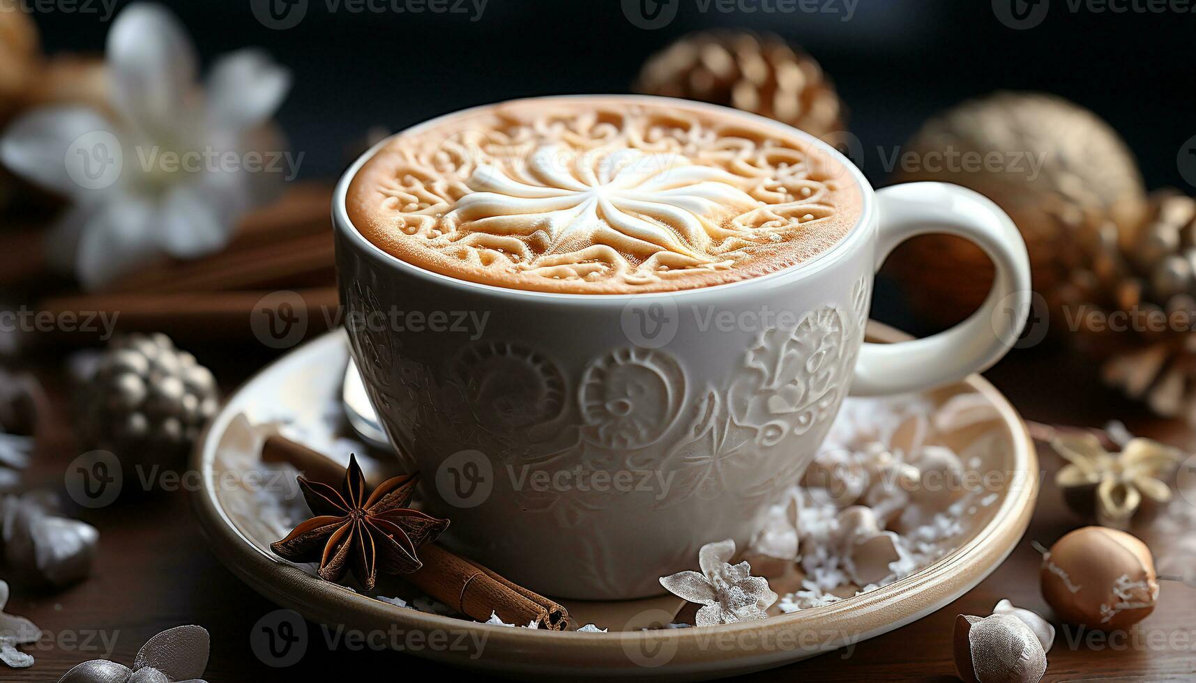 AI generated Hot coffee on wooden table, frothy milk and chocolate decoration generated by AI photo