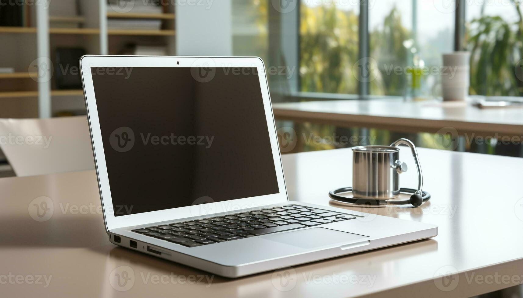 AI generated Modern office desk with laptop, computer monitor, and wireless technology generated by AI photo