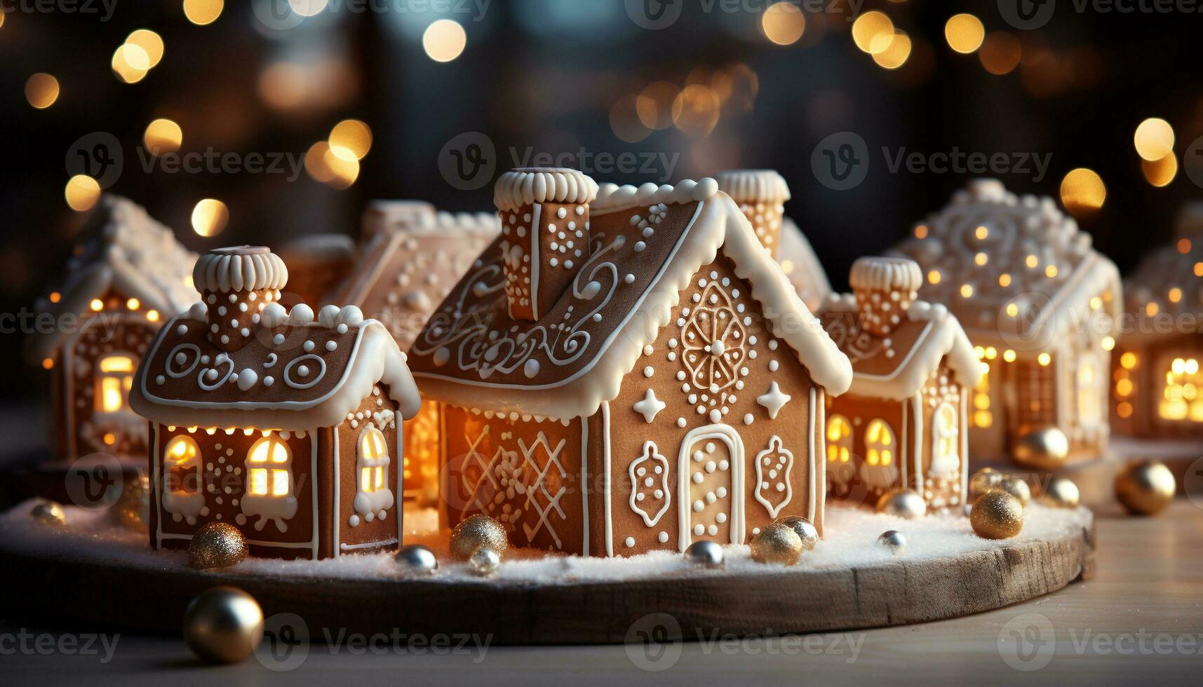ai generado hecho en casa pan de jengibre casa decorado con Formación de hielo y caramelo generado por ai foto