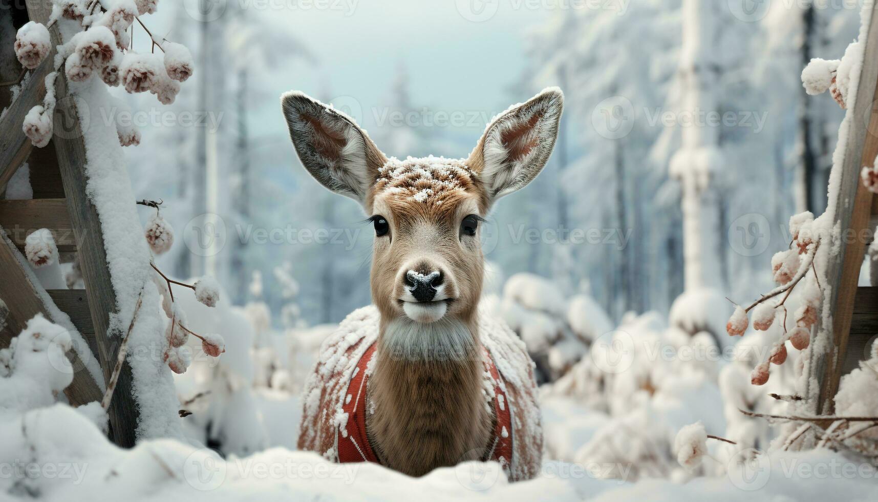 AI generated Cute deer in snow, looking at camera, winter beauty generated by AI photo