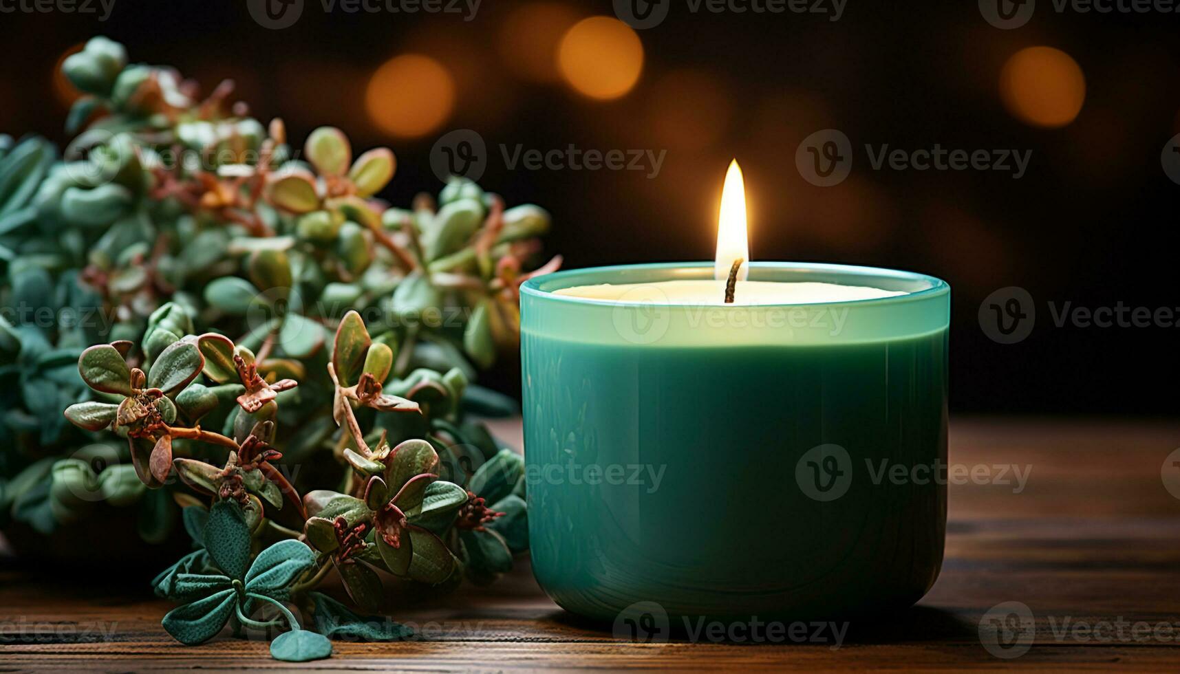 AI generated Glowing candle illuminates rustic table, creating cozy winter ambiance generated by AI photo