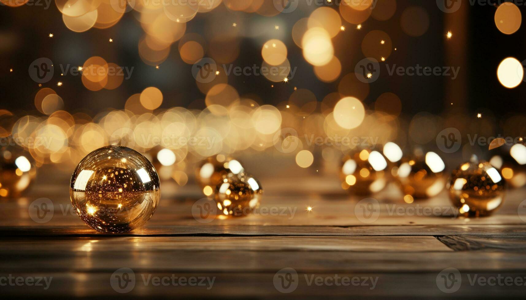 AI generated Shiny gold Christmas ball glows on dark wooden table generated by AI photo