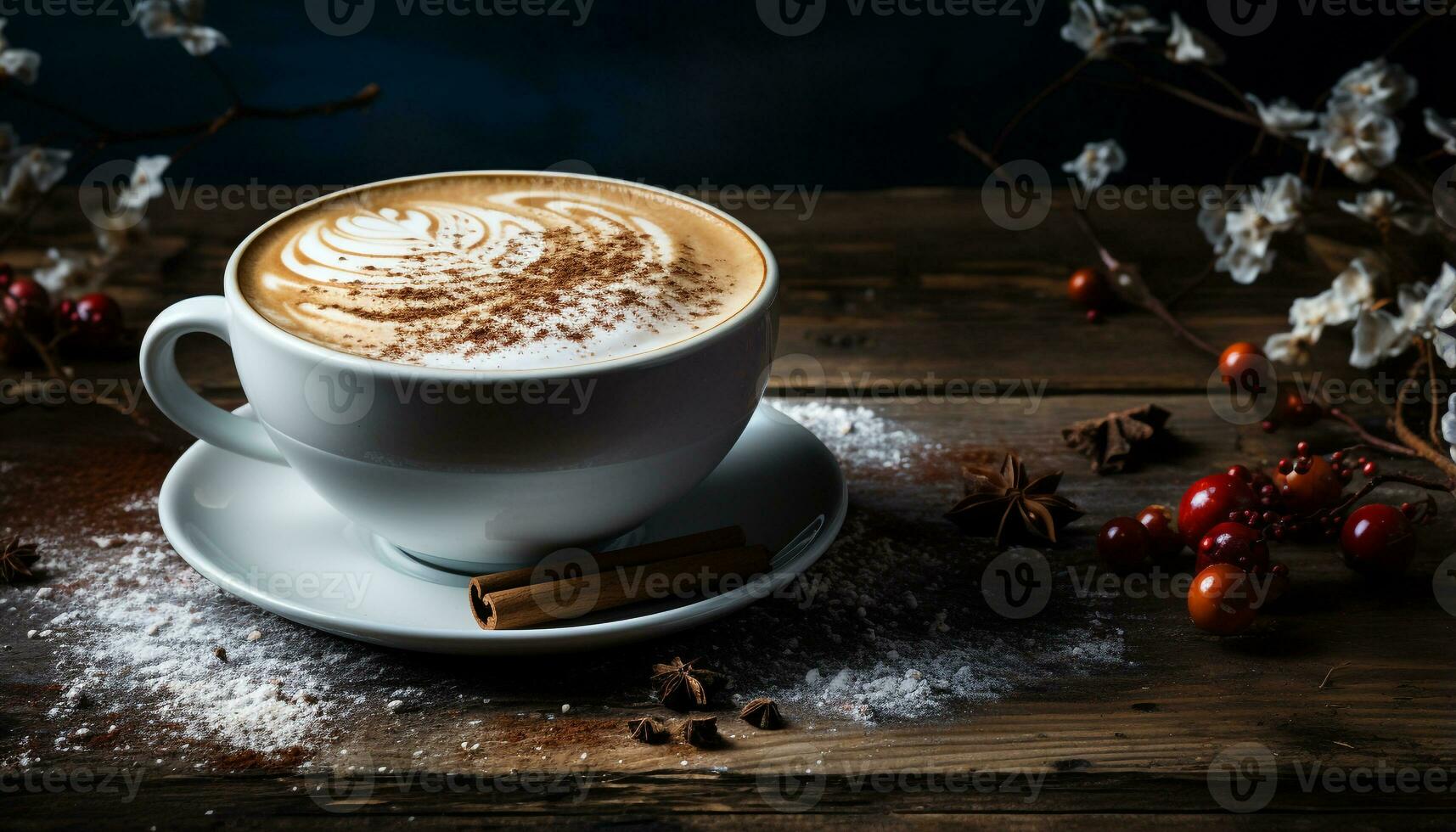 AI generated Hot coffee on wooden table, frothy milk, rustic background generated by AI photo