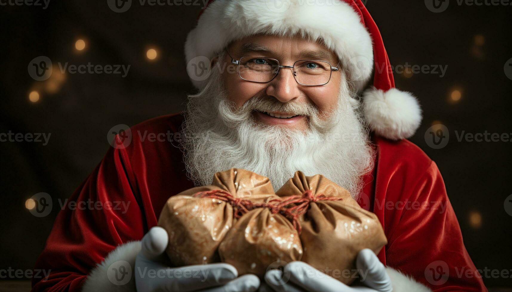 AI generated A cheerful senior man holding a gift, looking at camera generated by AI photo