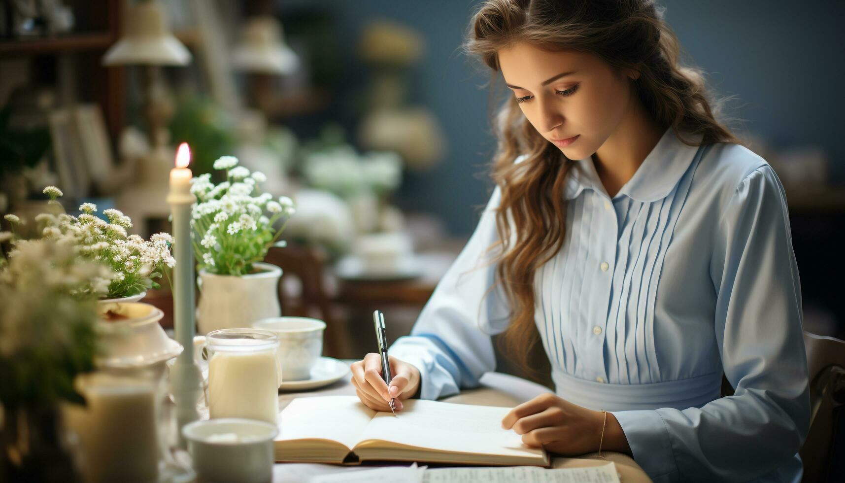 ai generado joven mujer estudiando a hogar, sonriente con confianza y atención generado por ai foto