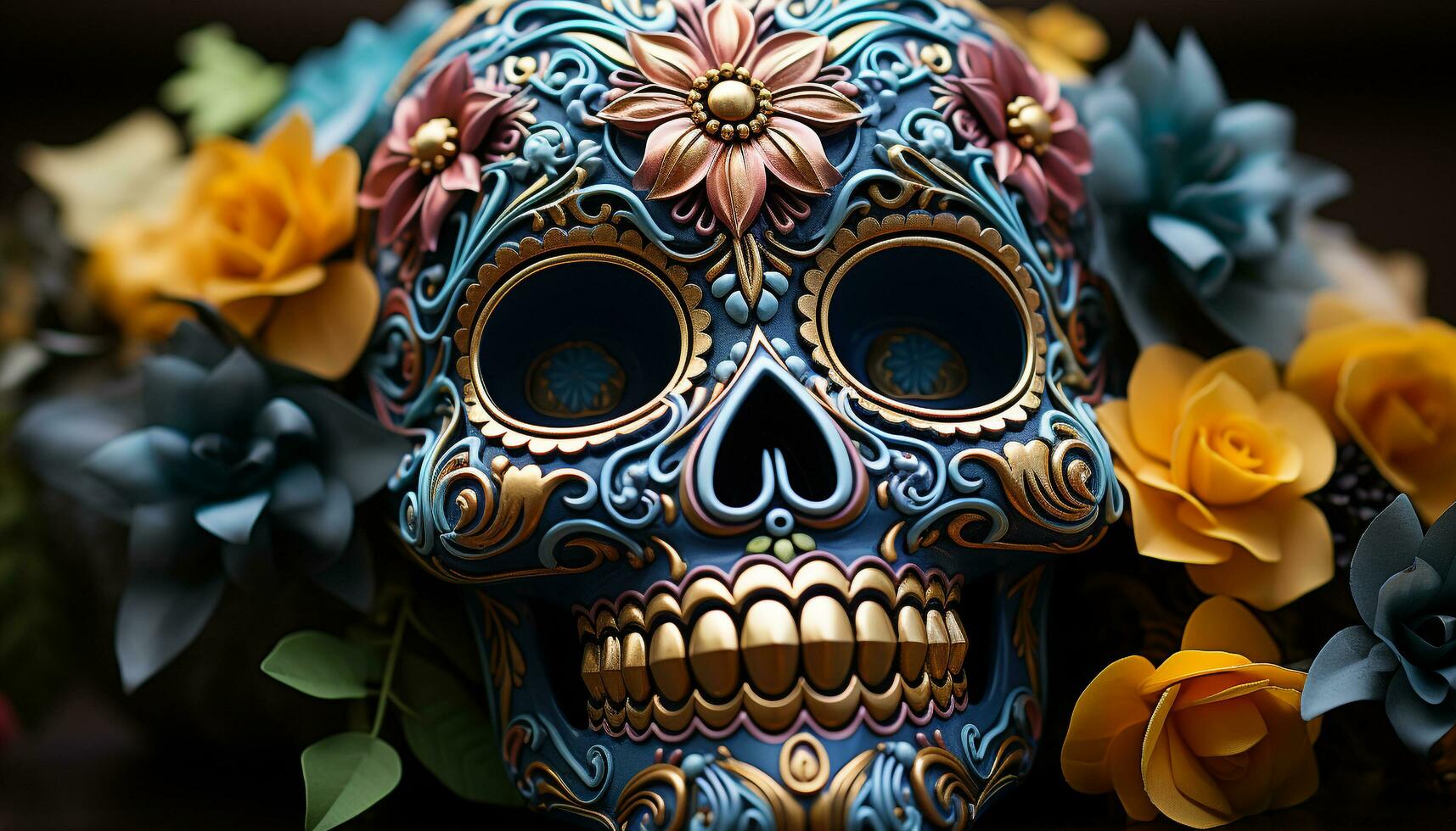 AI generated Day of the Dead celebration colorful masks, spooky decorations, smiling skulls generated by AI photo