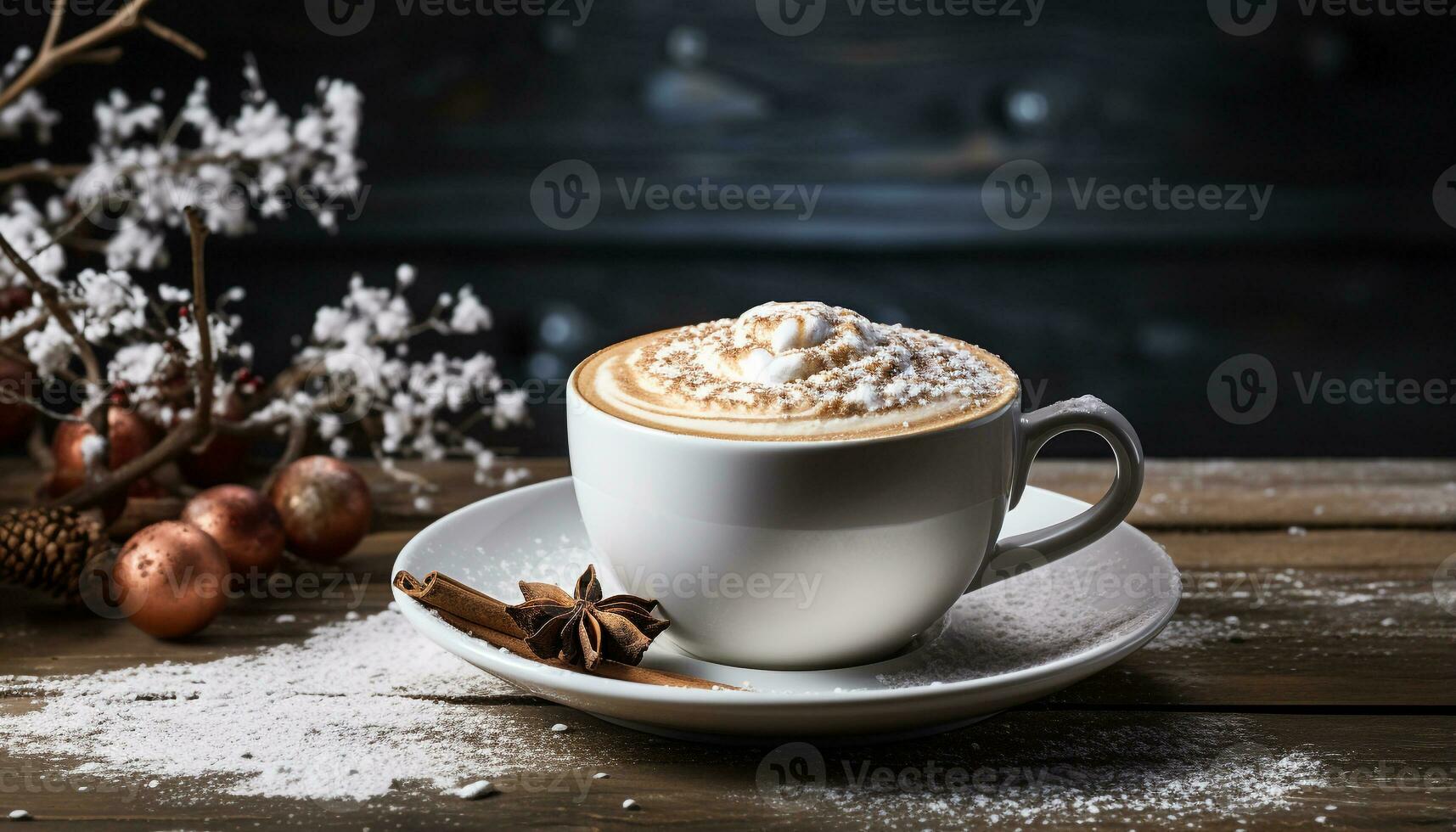 AI generated Hot coffee on wooden table with frothy milk foam generated by AI photo