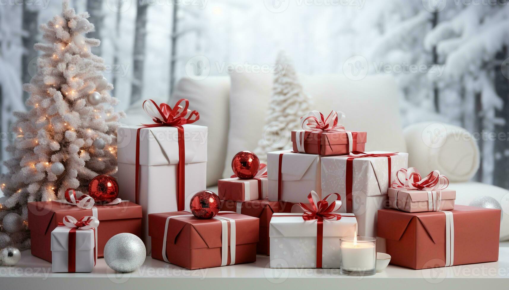 AI generated Christmas gift box with snowflake decoration on snowy background generated by AI photo