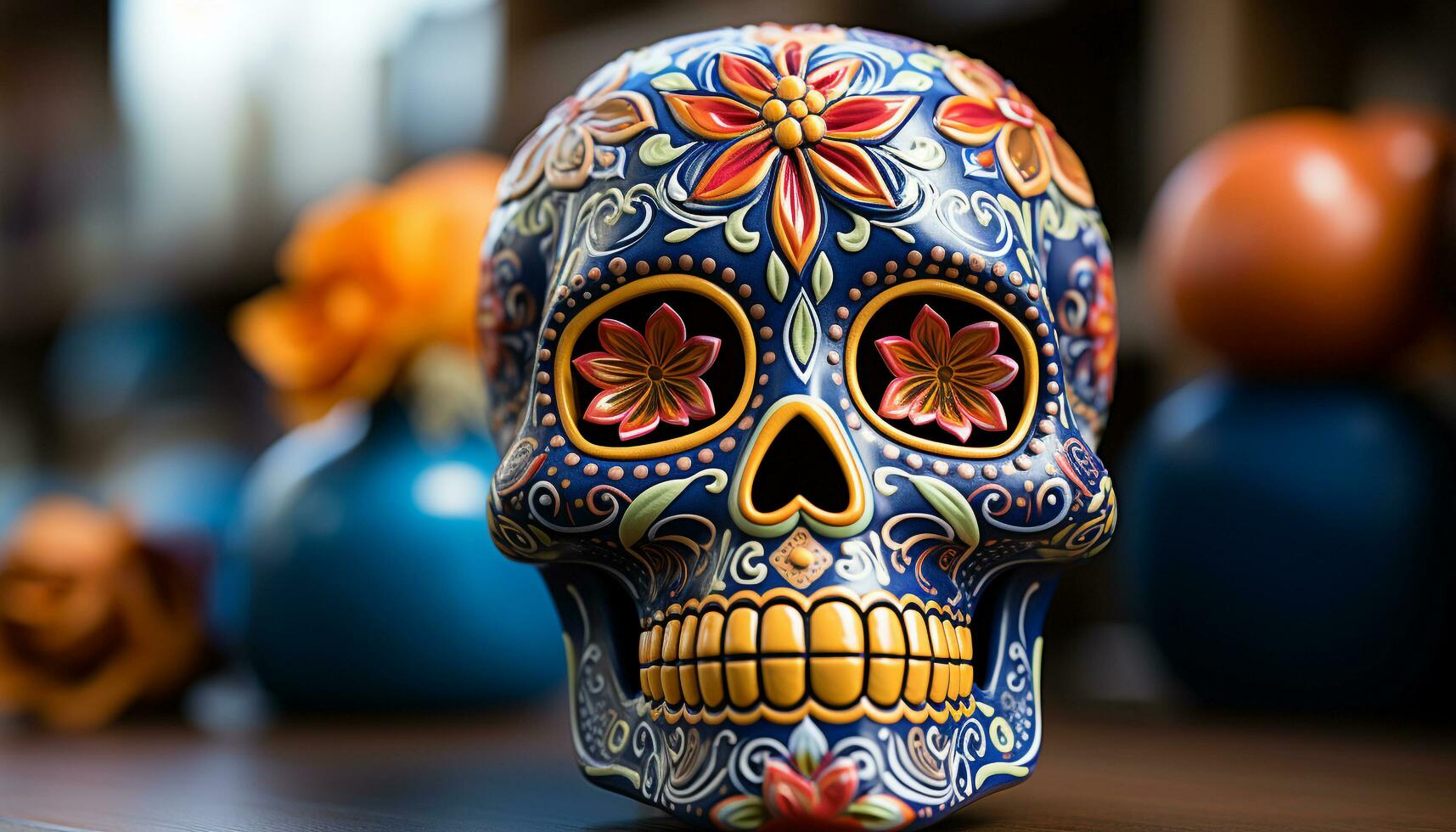 AI generated Day of the Dead celebration colorful skulls, spooky decorations generated by AI photo