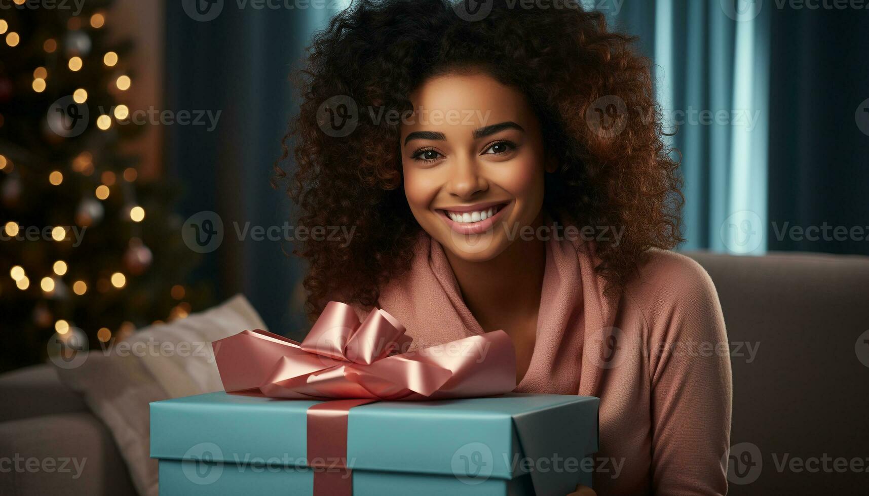 AI generated A smiling woman holding a gift box, enjoying Christmas at home generated by AI photo