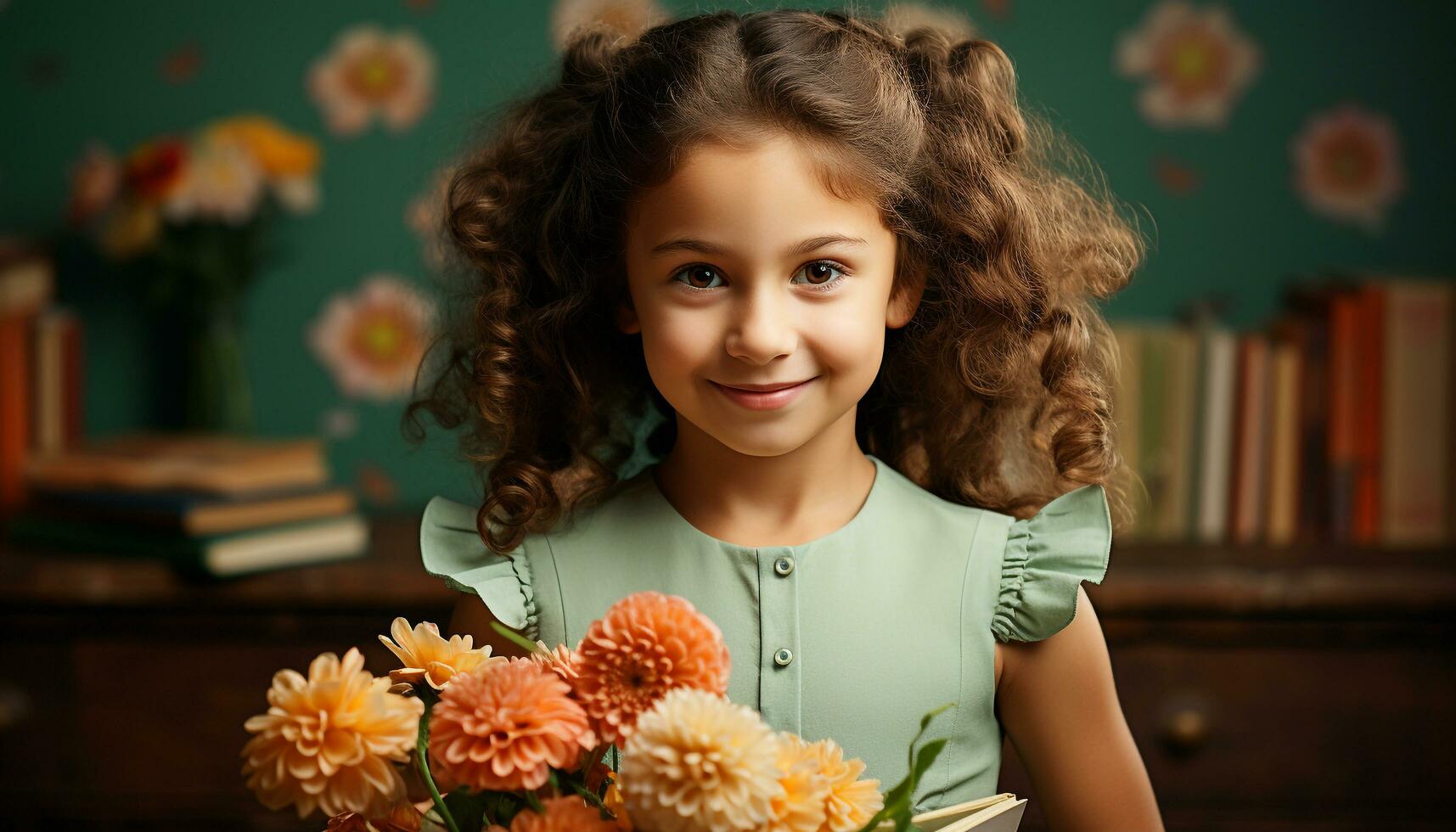 ai generado sonriente niña participación libro, sentado a mesa, adentro, alegre generado por ai foto