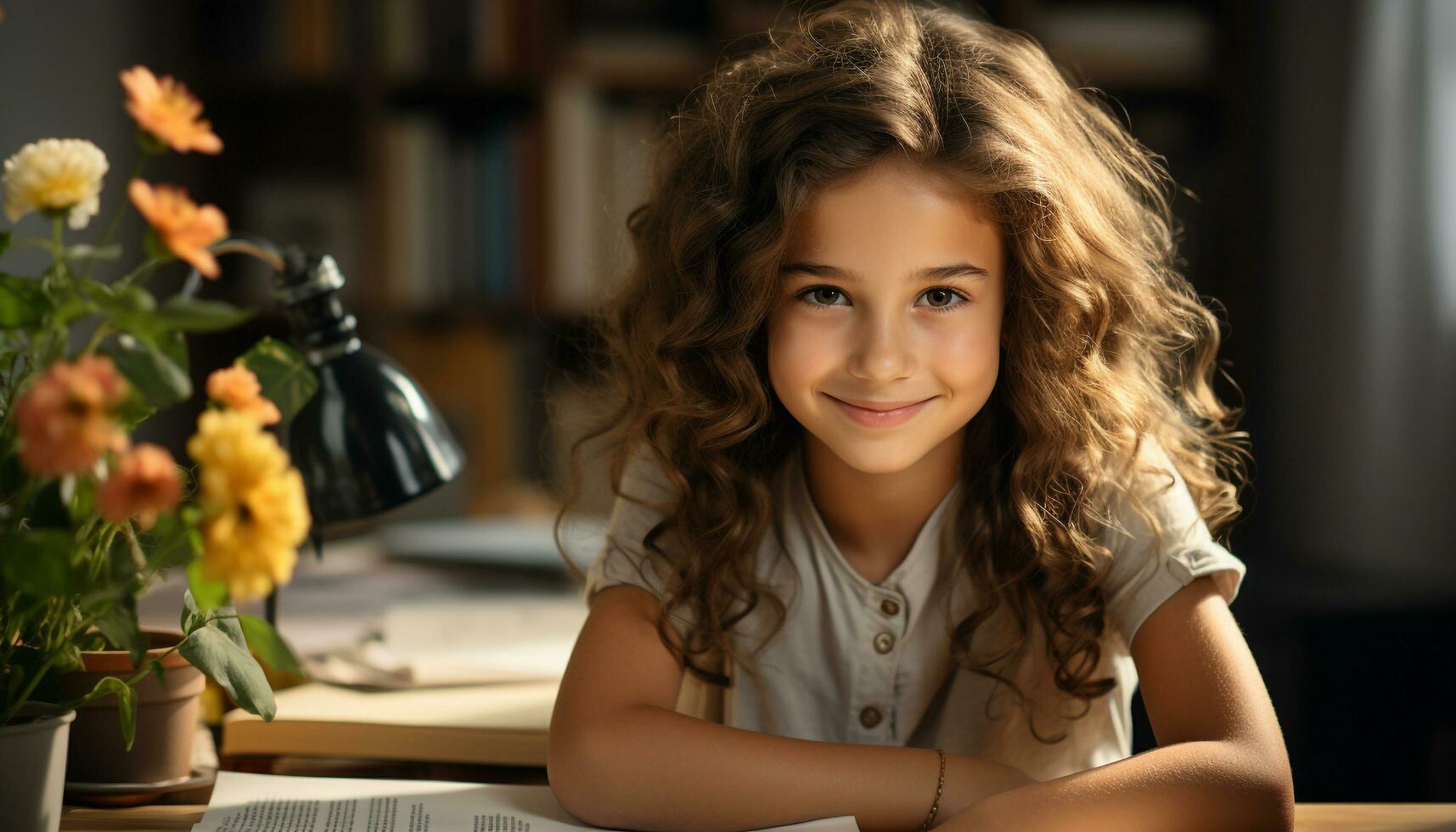 ai generado sonriente niña estudiando libro, disfrutando aprendizaje en acogedor vivo habitación generado por ai foto