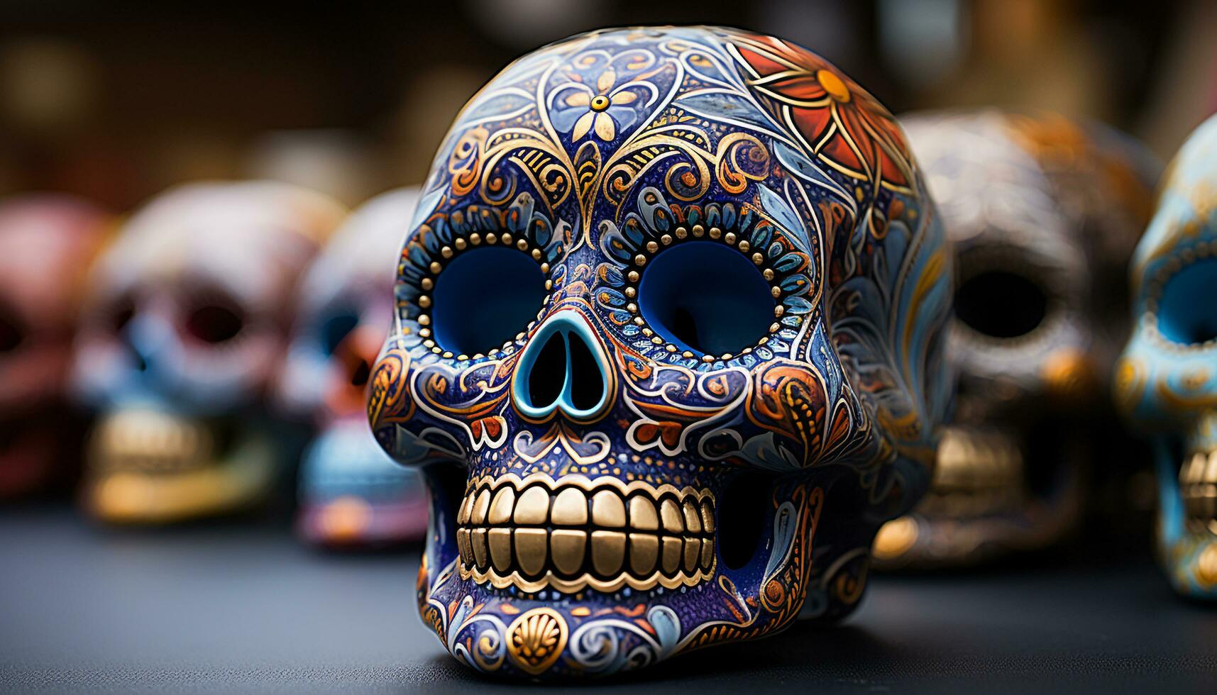 AI generated Day of the Dead celebration colorful skulls and skeletons decorate generated by AI photo