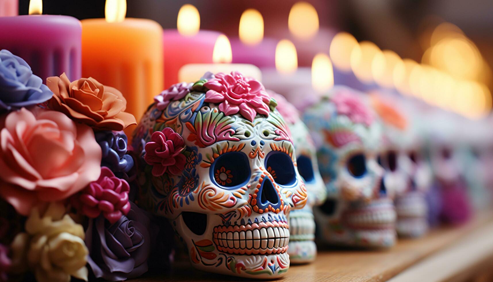 ai generado día de el muerto celebracion vistoso calaveras, velas, y flores generado por ai foto