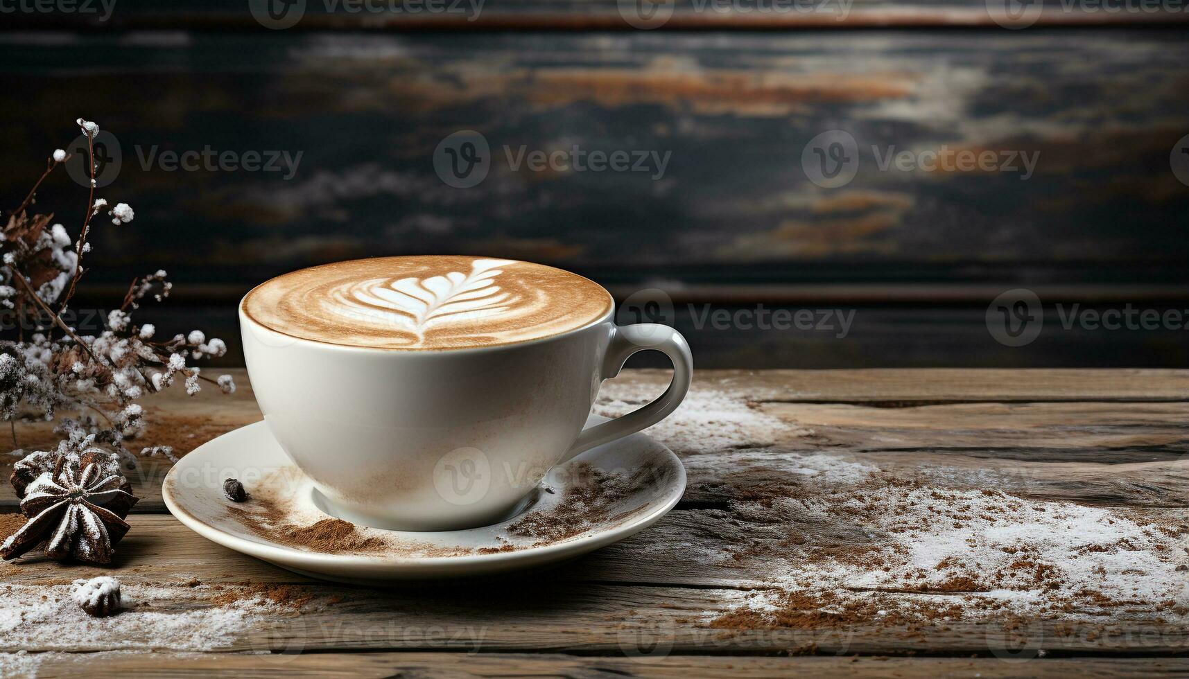 AI generated Coffee cup on wooden table, frothy cappuccino with latte art generated by AI photo