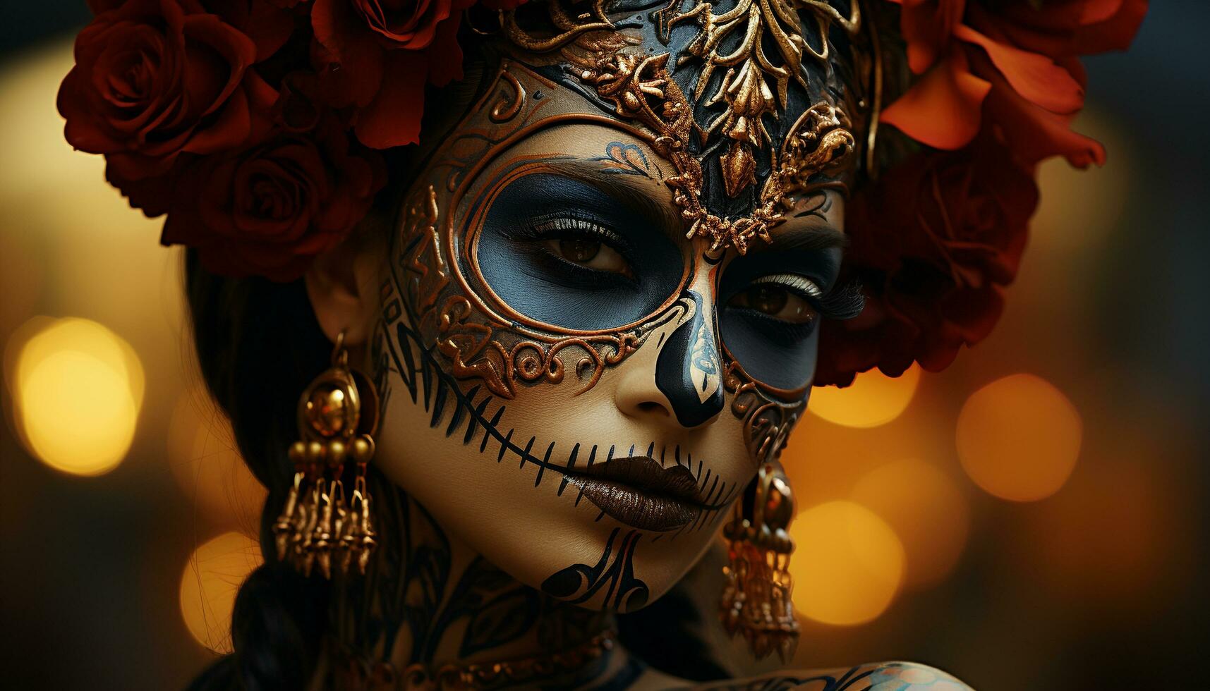 AI generated One beautiful woman looking at camera, wearing a golden mask generated by AI photo