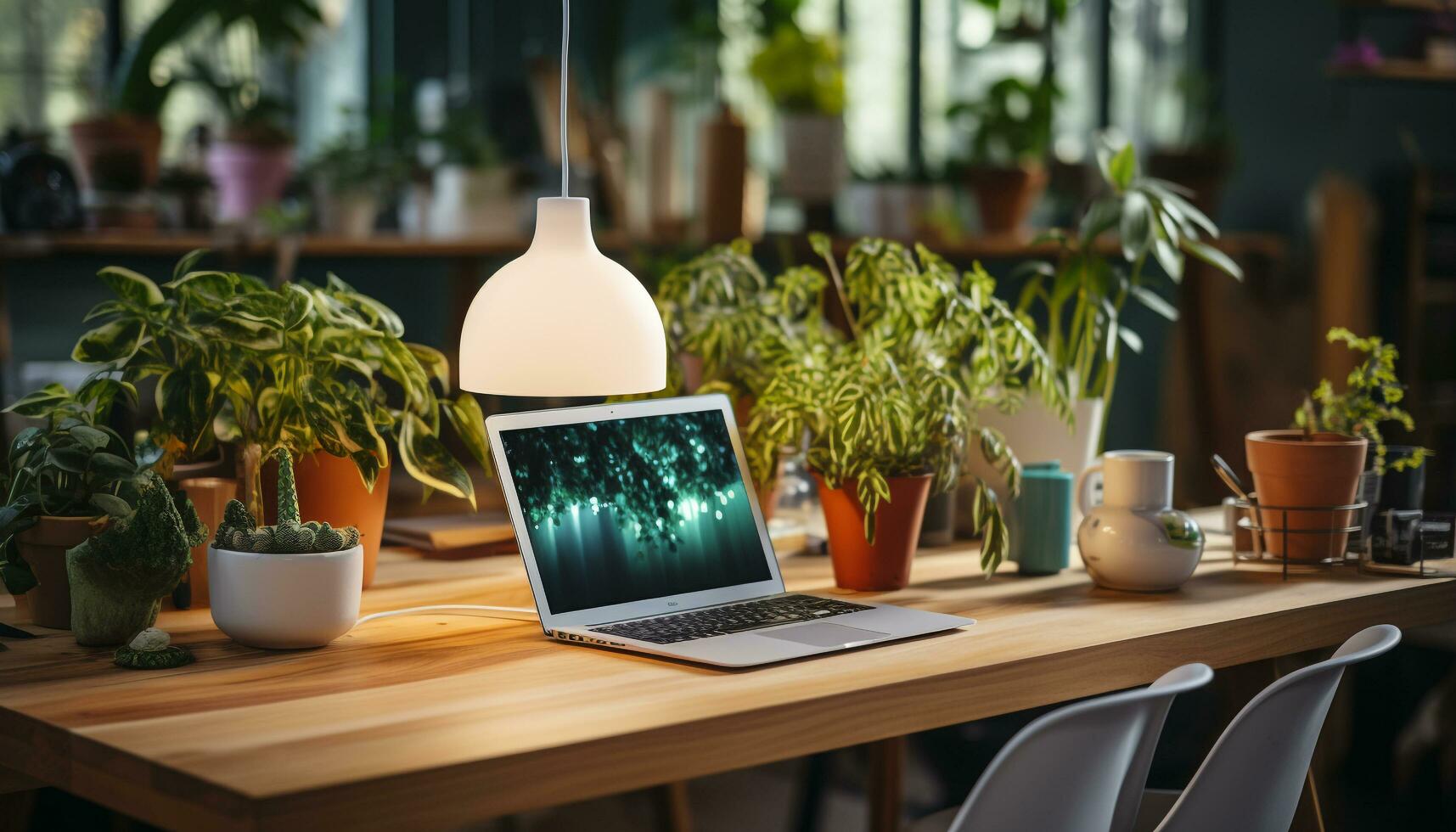 AI generated Modern office with computer, laptop, desk, and plant generated by AI photo