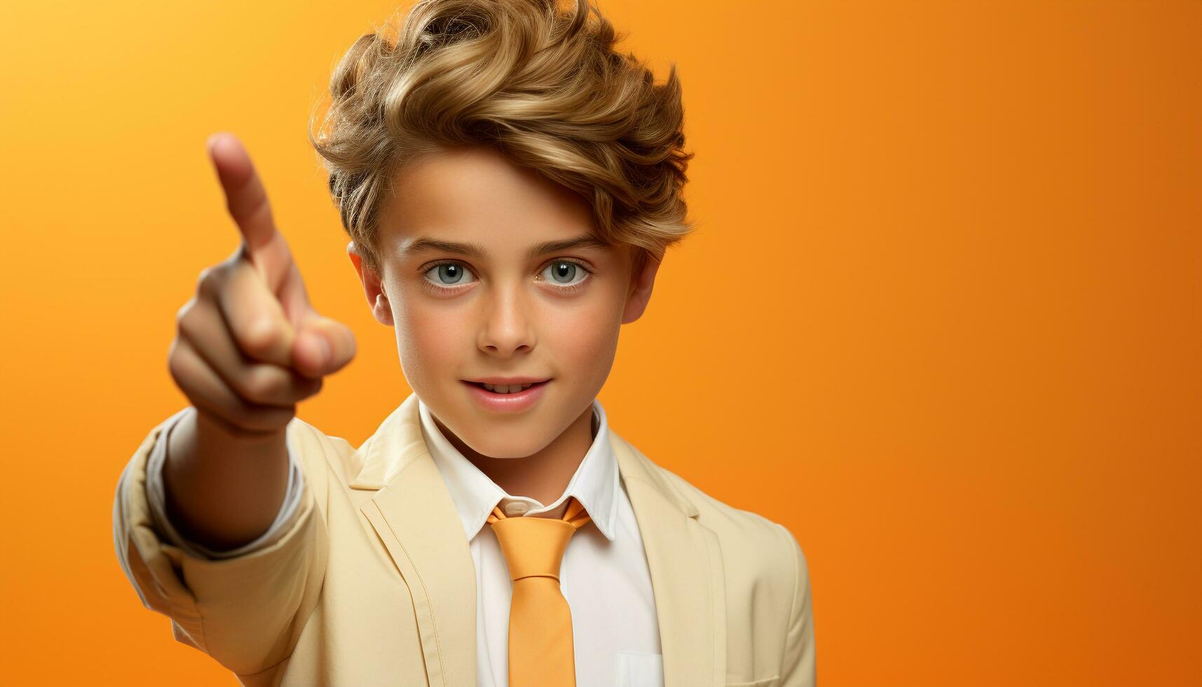 AI generated A cute boy in a suit pointing, showing confidence and success generated by AI photo