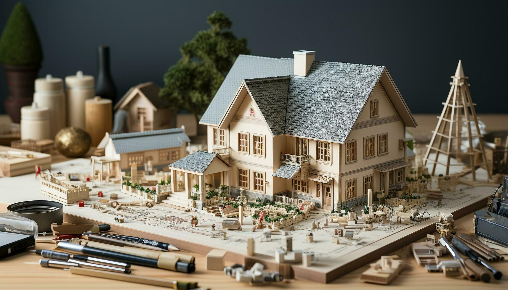 AI generated Small toy house on table, crafted from wood, celebrates Christmas generated by AI photo