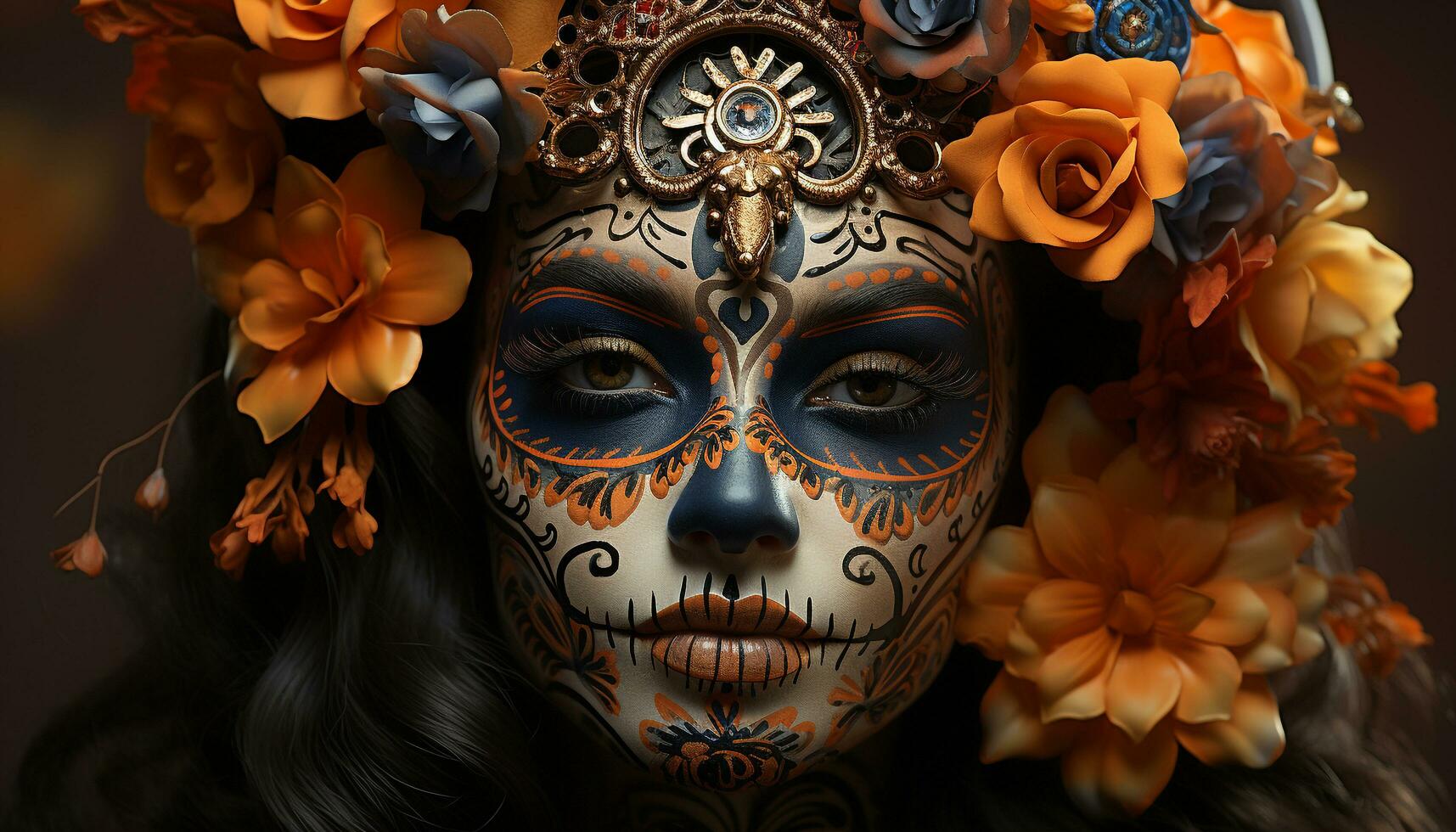 AI generated A beautiful young woman wearing a colorful mask for Halloween generated by AI photo