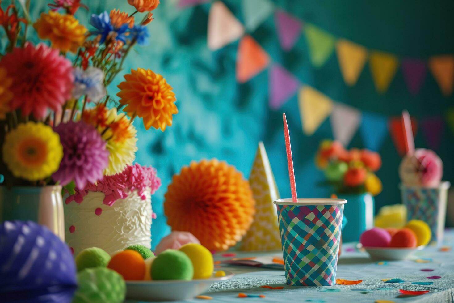 ai generado cumpleaños fiesta decoración en el mesa foto