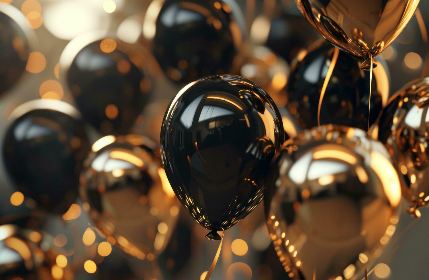 AI generated birthday party background with black and gold balloons photo