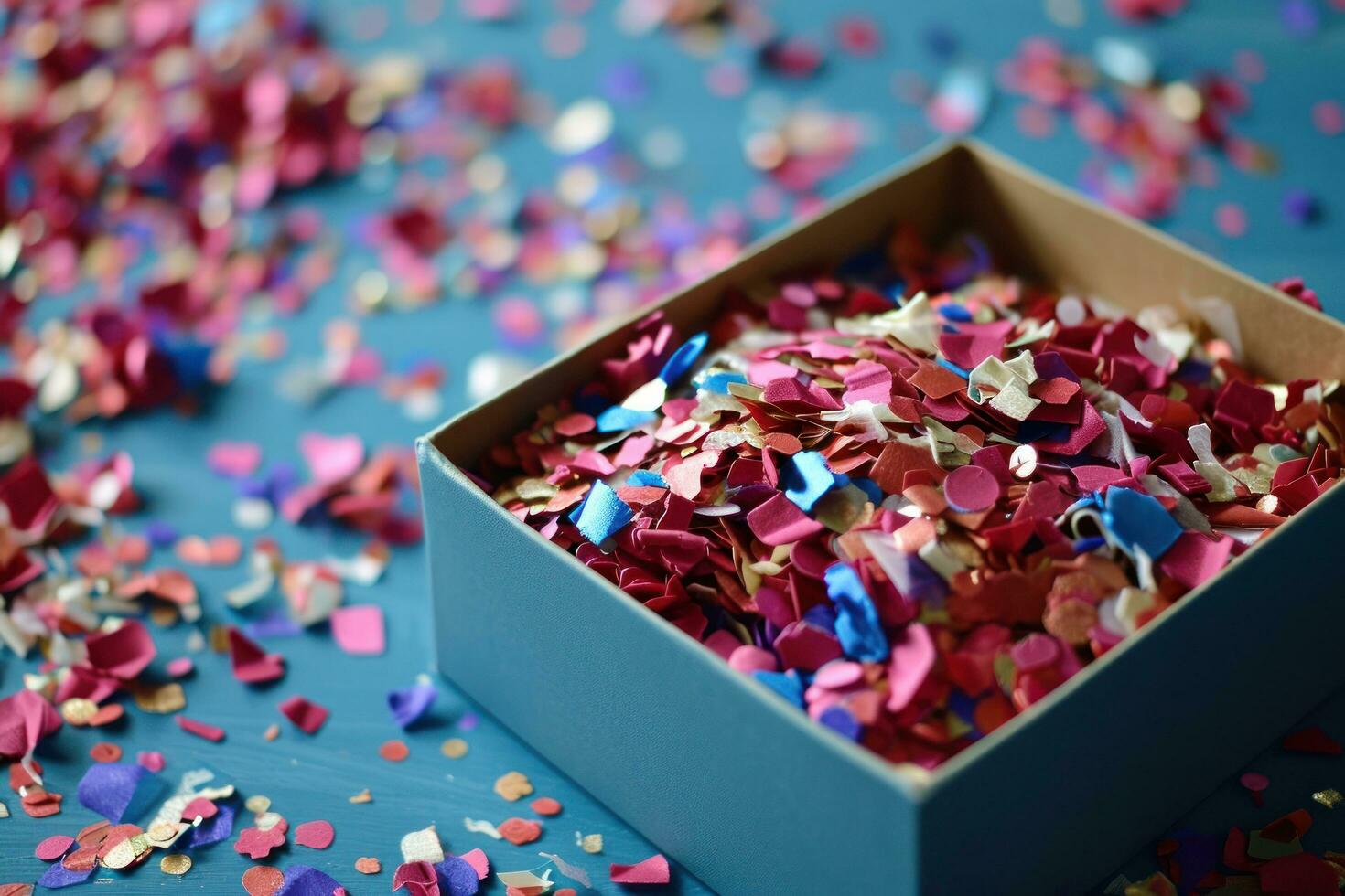AI generated birthday confetti in a box with a box on a blue table photo