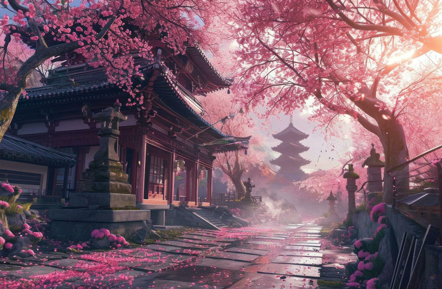 AI generated beautiful pink cherries grow near some pagoda's on a street lined with pagoda photo