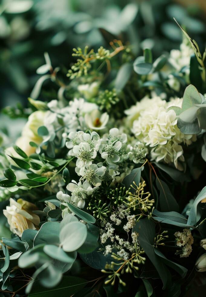 AI generated bouquets of different greens and white flowers for a wedding photo