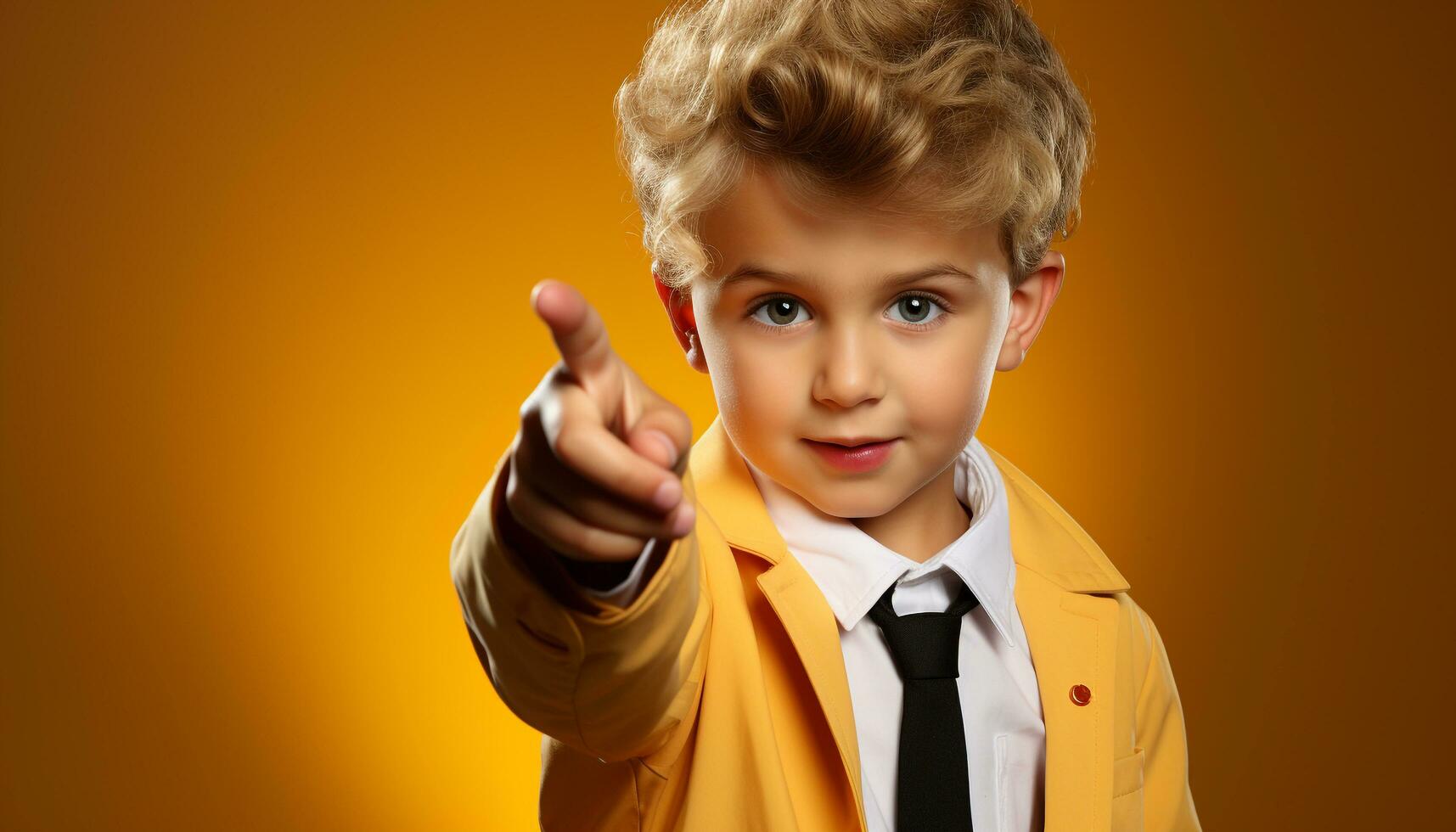 AI generated A cheerful blond boy in a suit pointing with confidence generated by AI photo