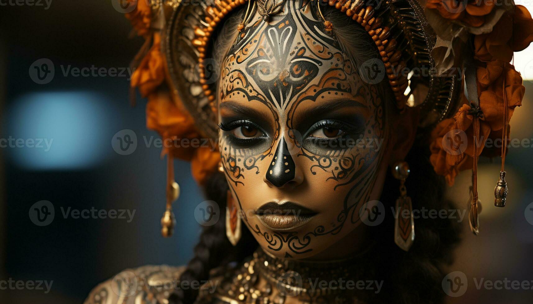 AI generated A beautiful woman in a traditional mask exudes elegance generated by AI photo
