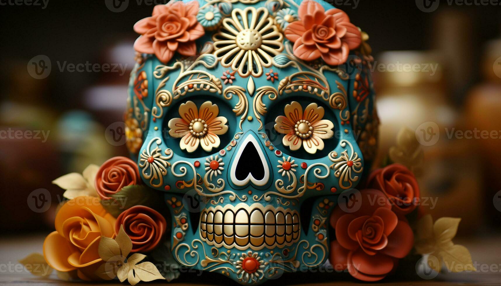 AI generated Day of the Dead celebration colorful skulls and flowers generated by AI photo