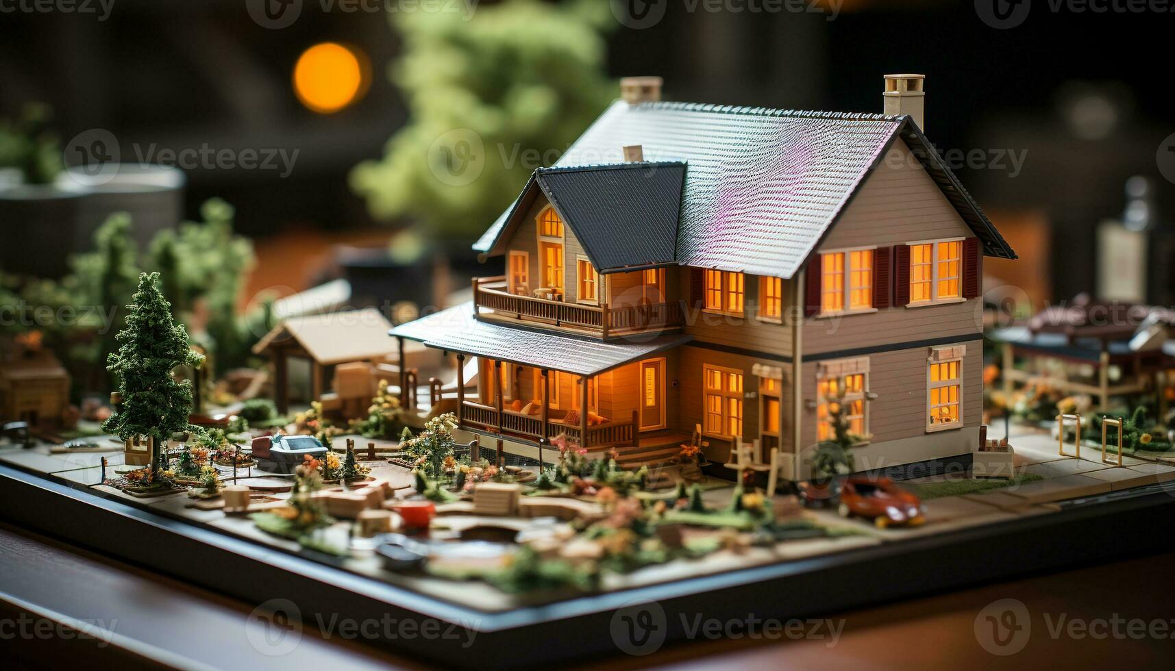 AI generated Small toy building illuminated by Christmas lights on a wooden table generated by AI photo