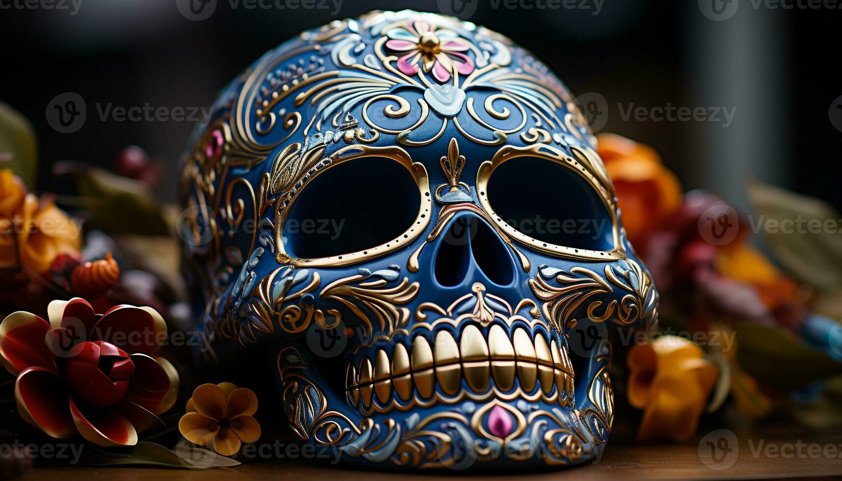 AI generated Day of the Dead celebration spooky decoration with human skulls generated by AI photo