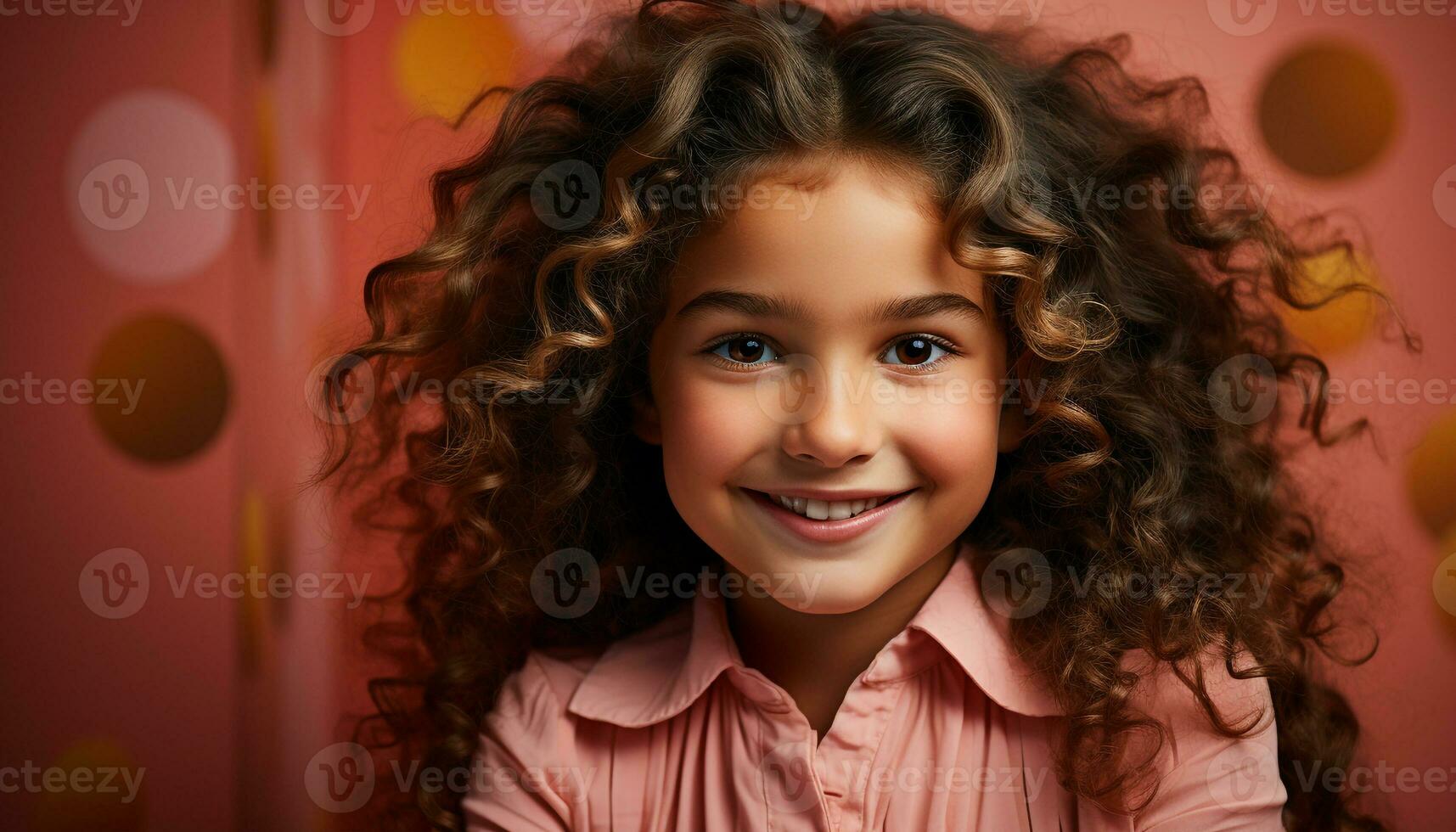 AI generated Smiling child with curly hair, looking at camera, radiates happiness generated by AI photo