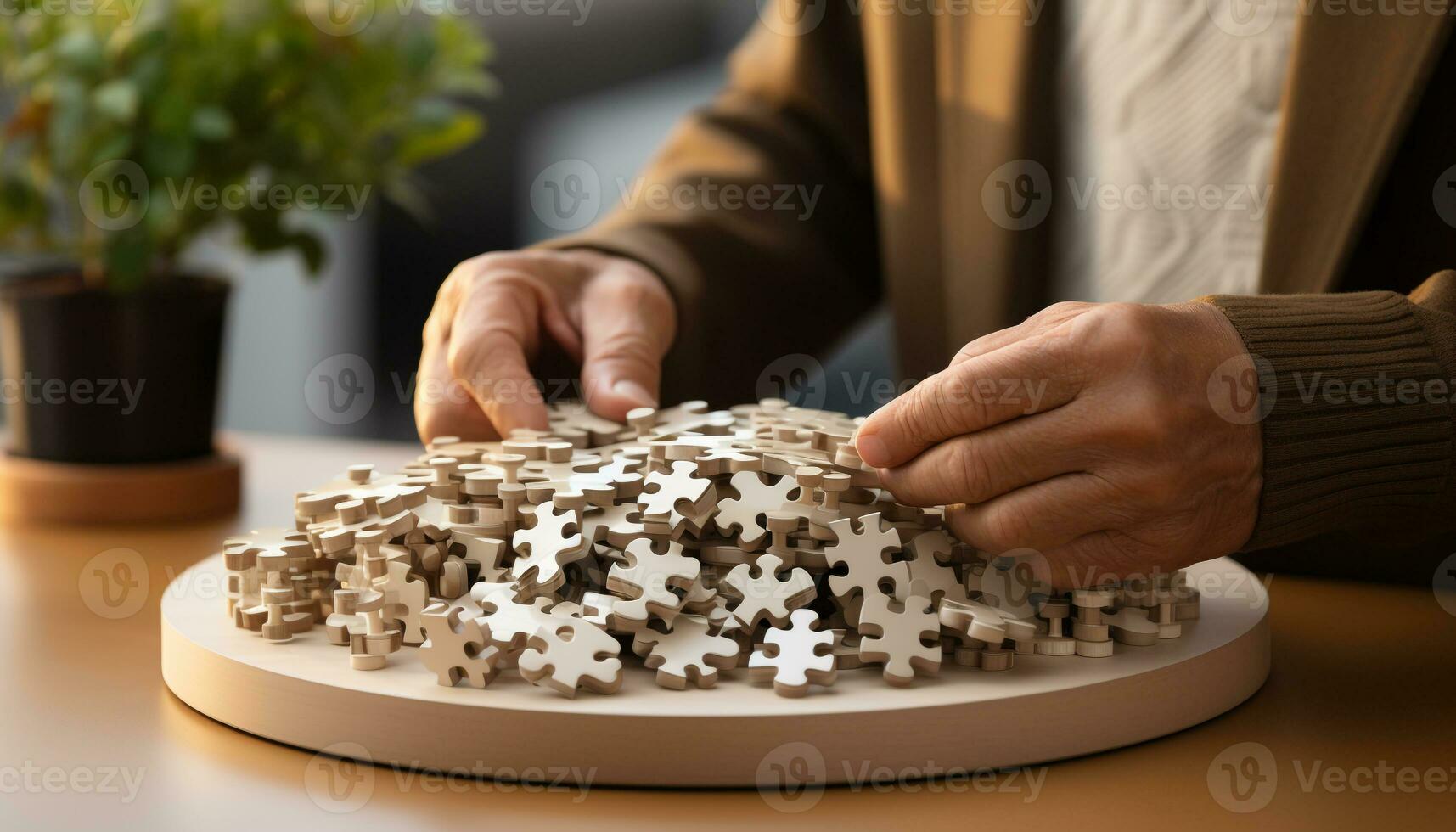 ai generado un empresario mano participación un sano comida en un de madera mesa generado por ai foto