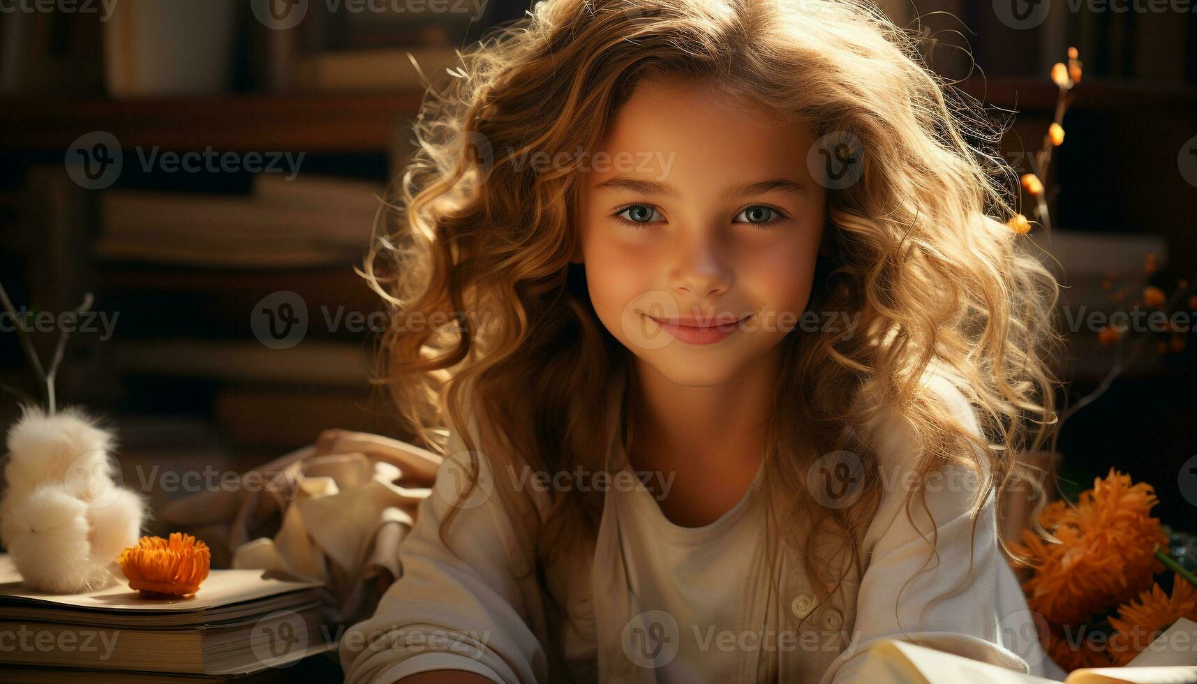 AI generated Cute girl smiling, sitting at table, enjoying family celebration generated by AI photo
