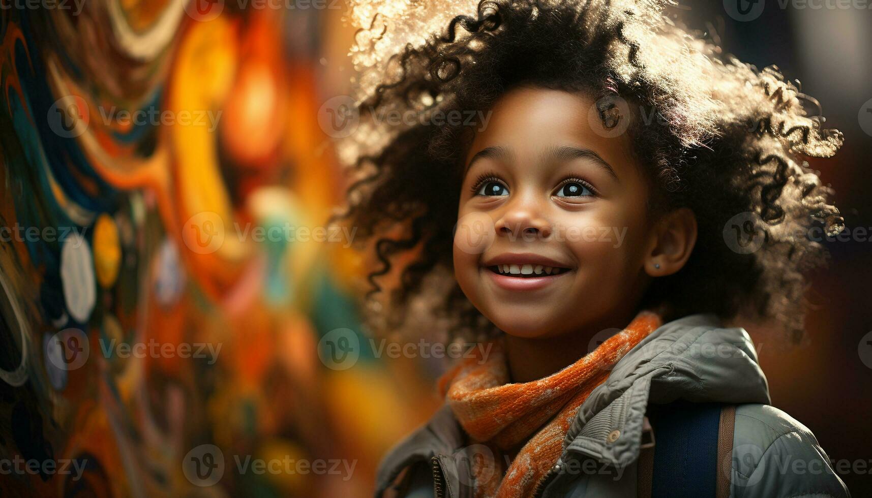 AI generated A cheerful child with curly hair smiling outdoors, looking at camera generated by AI photo