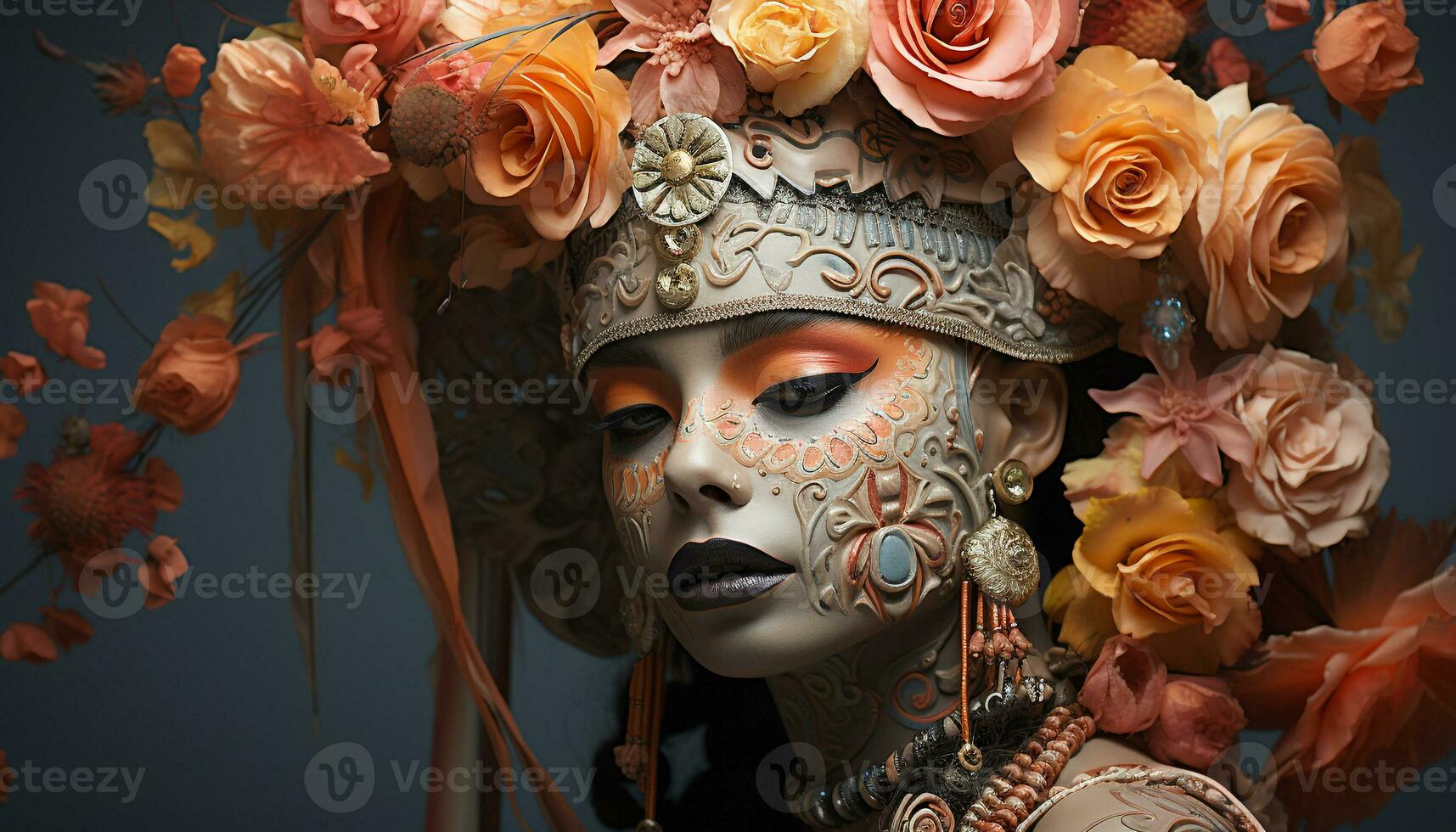 AI generated Beautiful woman in ornate costume holds flower, exuding elegance generated by AI photo
