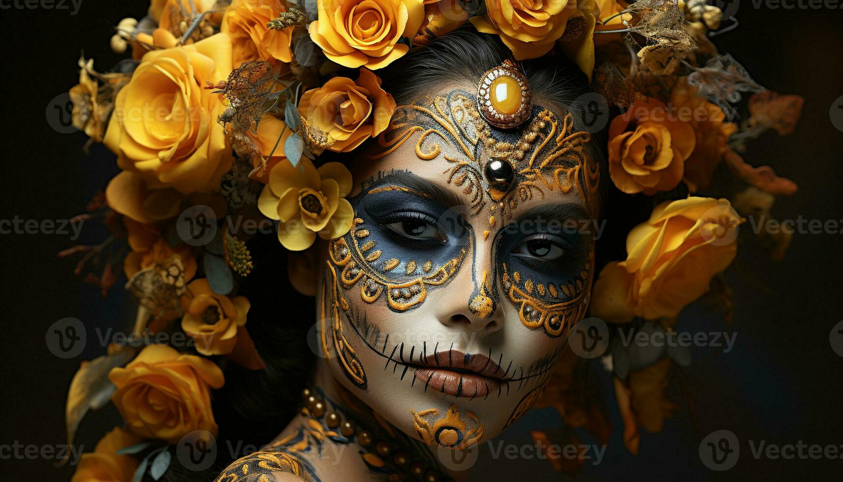 AI generated Beautiful woman with golden flower, elegance and sensuality in studio generated by AI photo