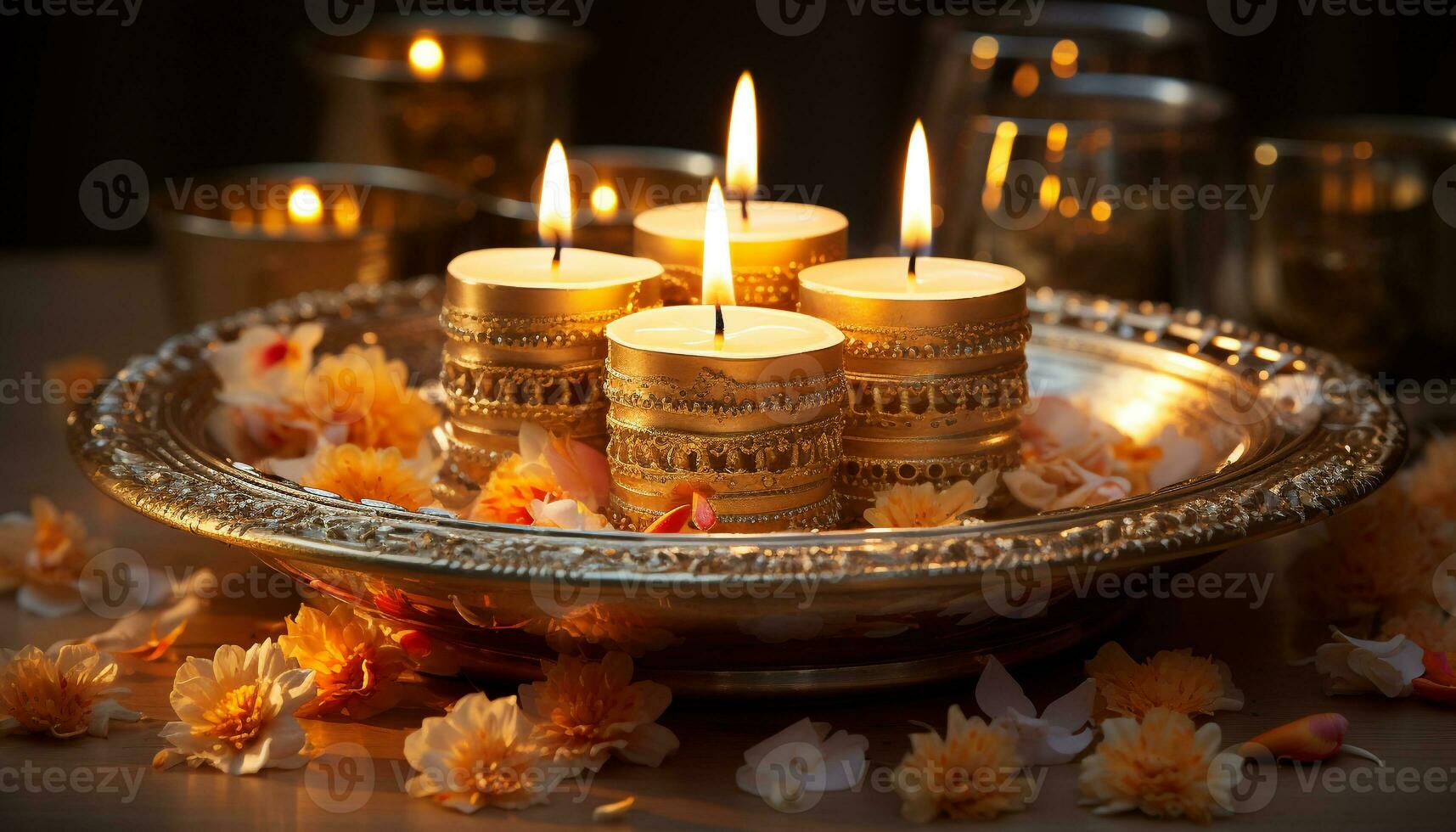 AI generated Burning candle illuminates table, symbolizing spirituality and celebration generated by AI photo