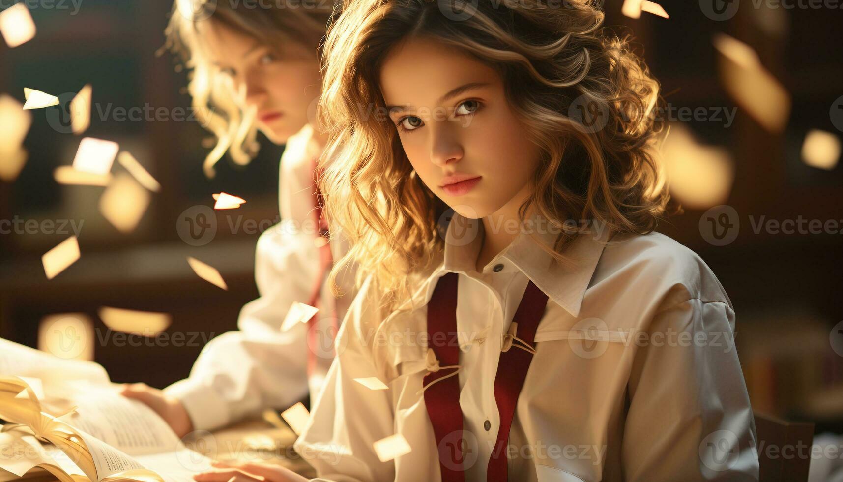 AI generated Two young women sitting at a table, smiling and looking at the camera generated by AI photo