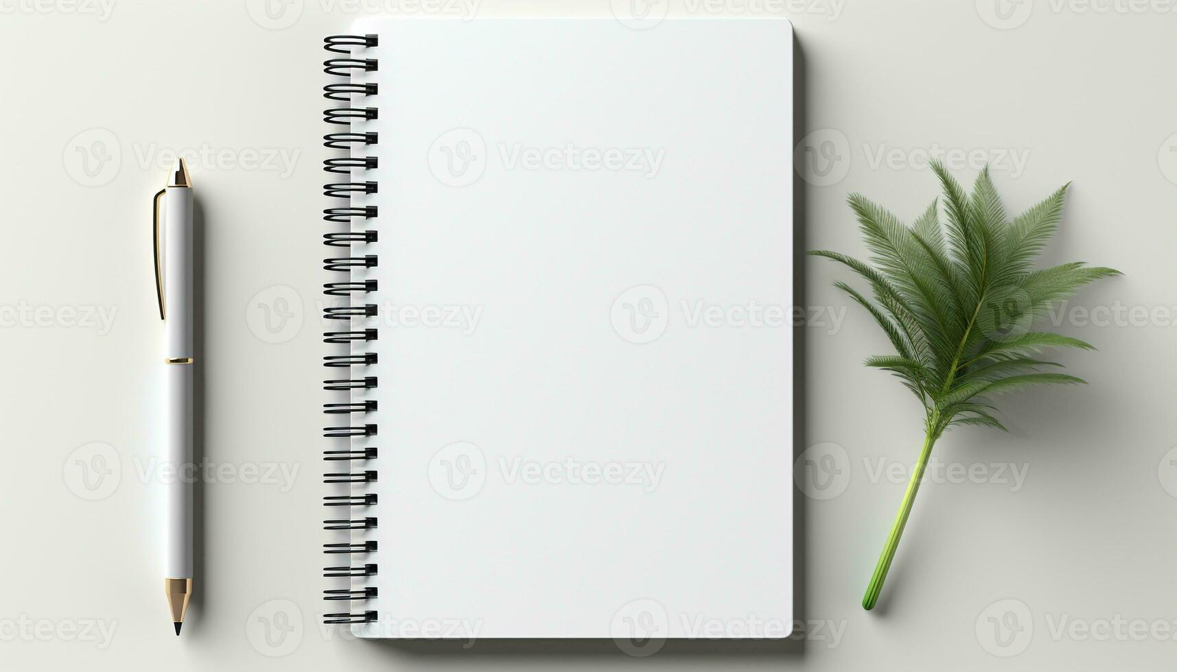 AI generated Blank notebook on wooden desk with pen and plant generated by AI photo