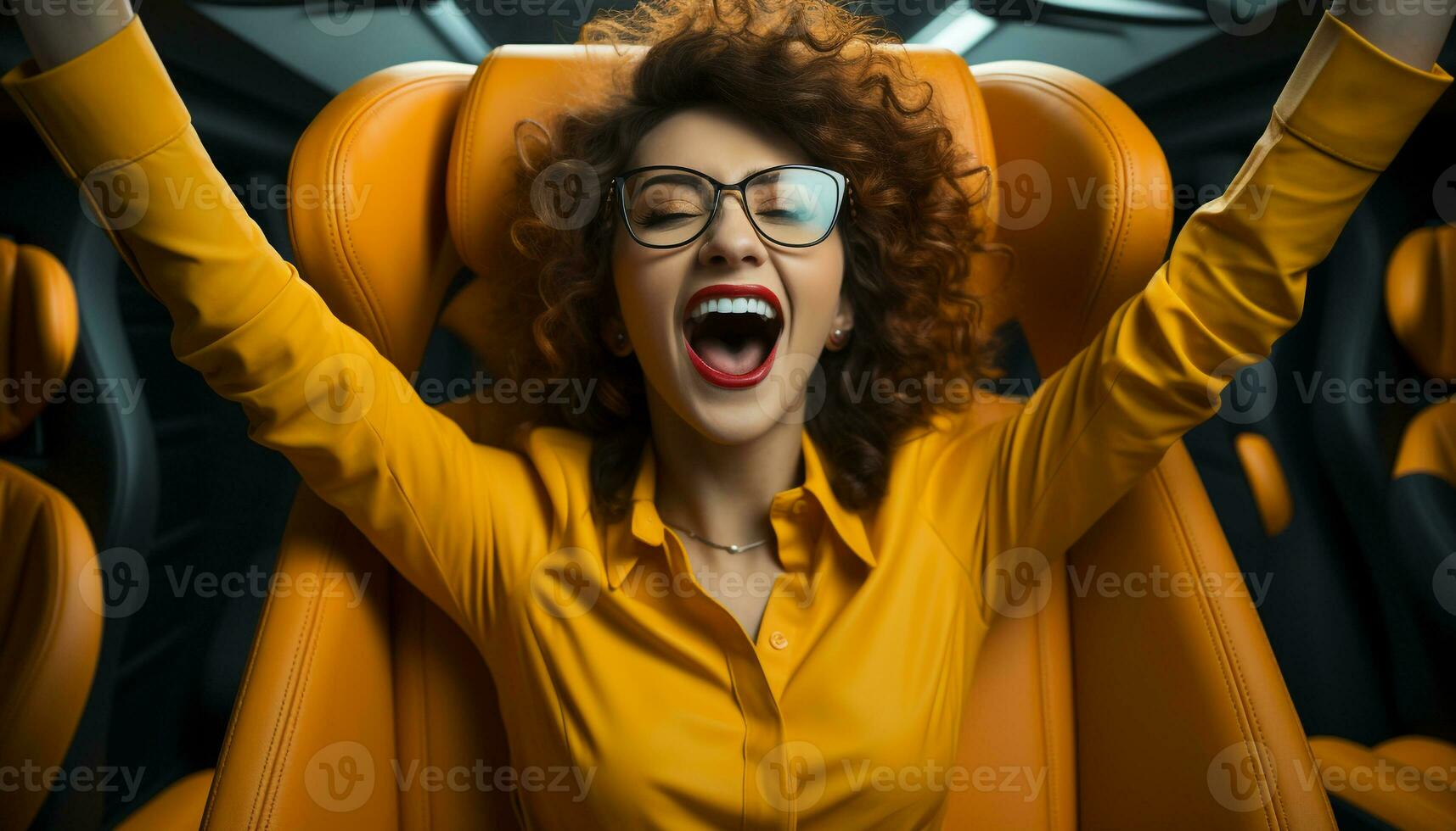 AI generated Young woman driving car, smiling with joy and elegance generated by AI photo