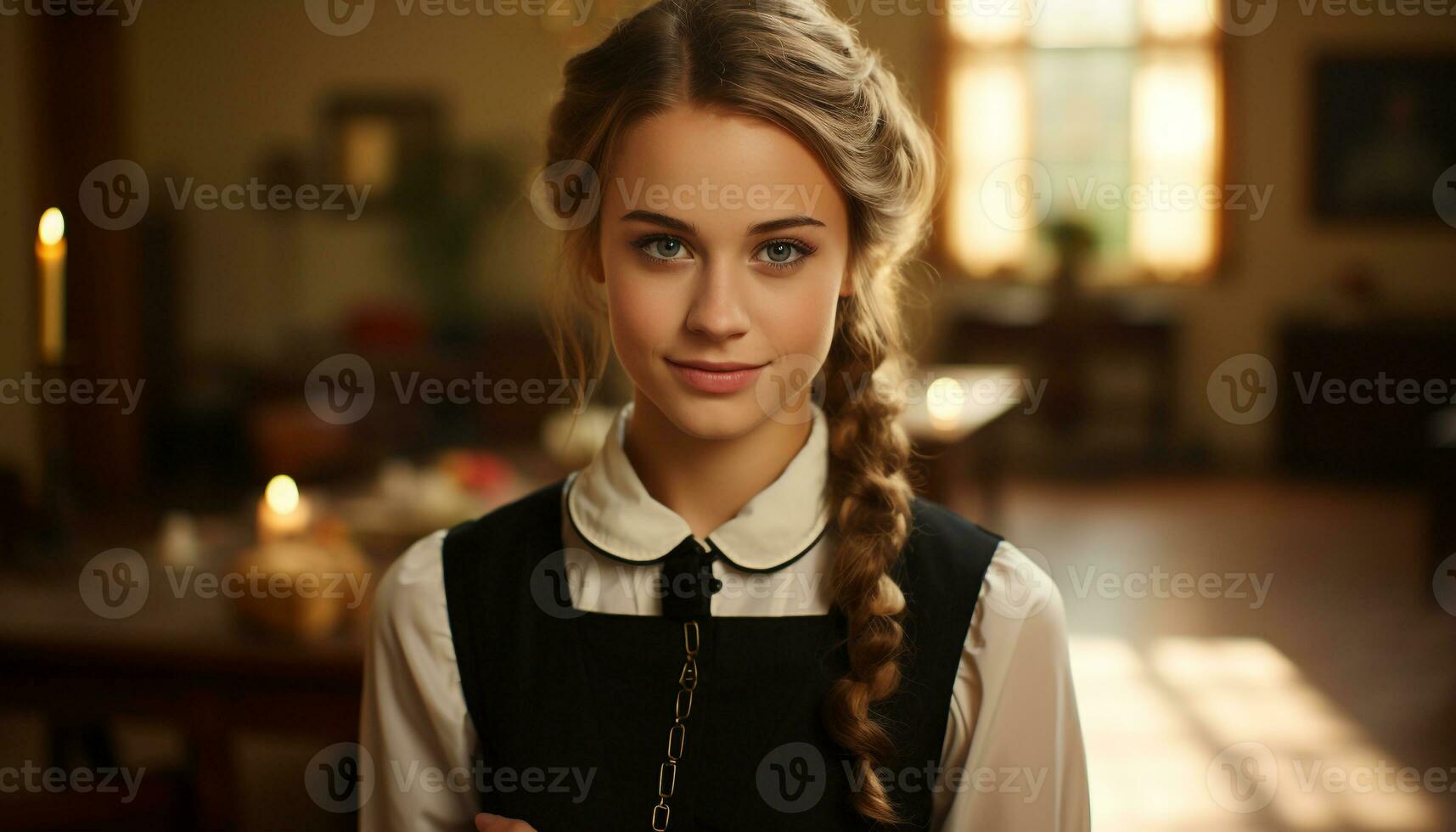 AI generated A beautiful woman with long hair, smiling confidently at the camera generated by AI photo