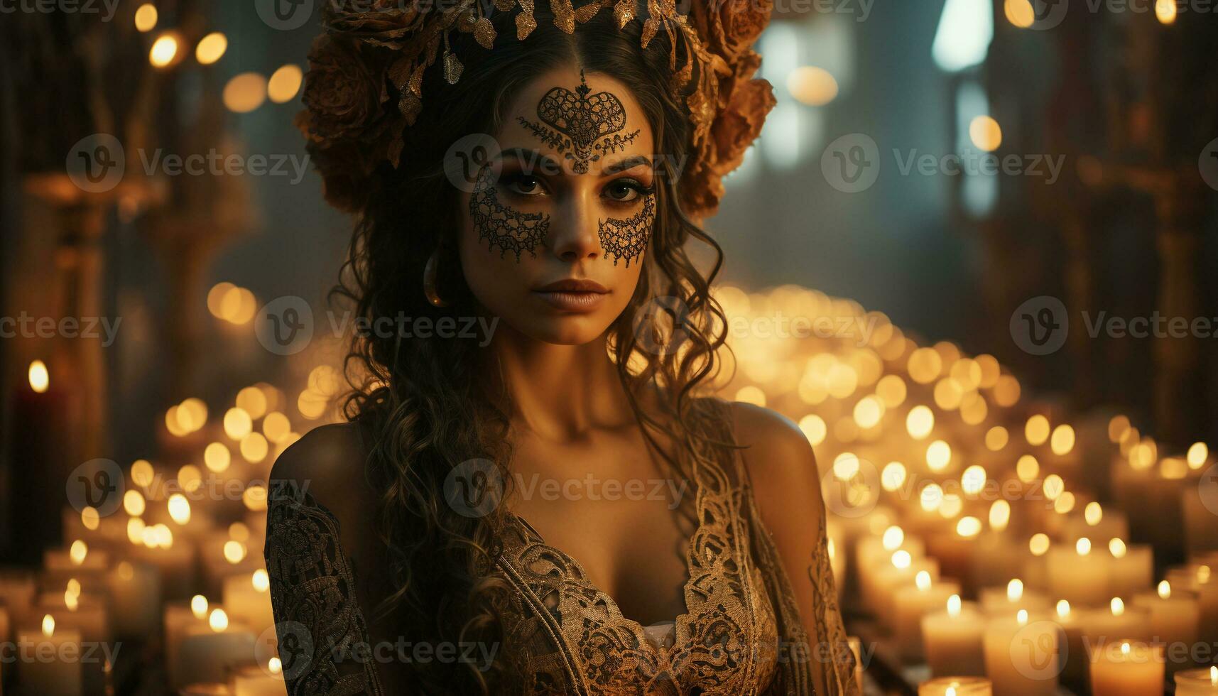 AI generated Young woman in elegant dress, looking at camera, illuminated by candle flame generated by AI photo