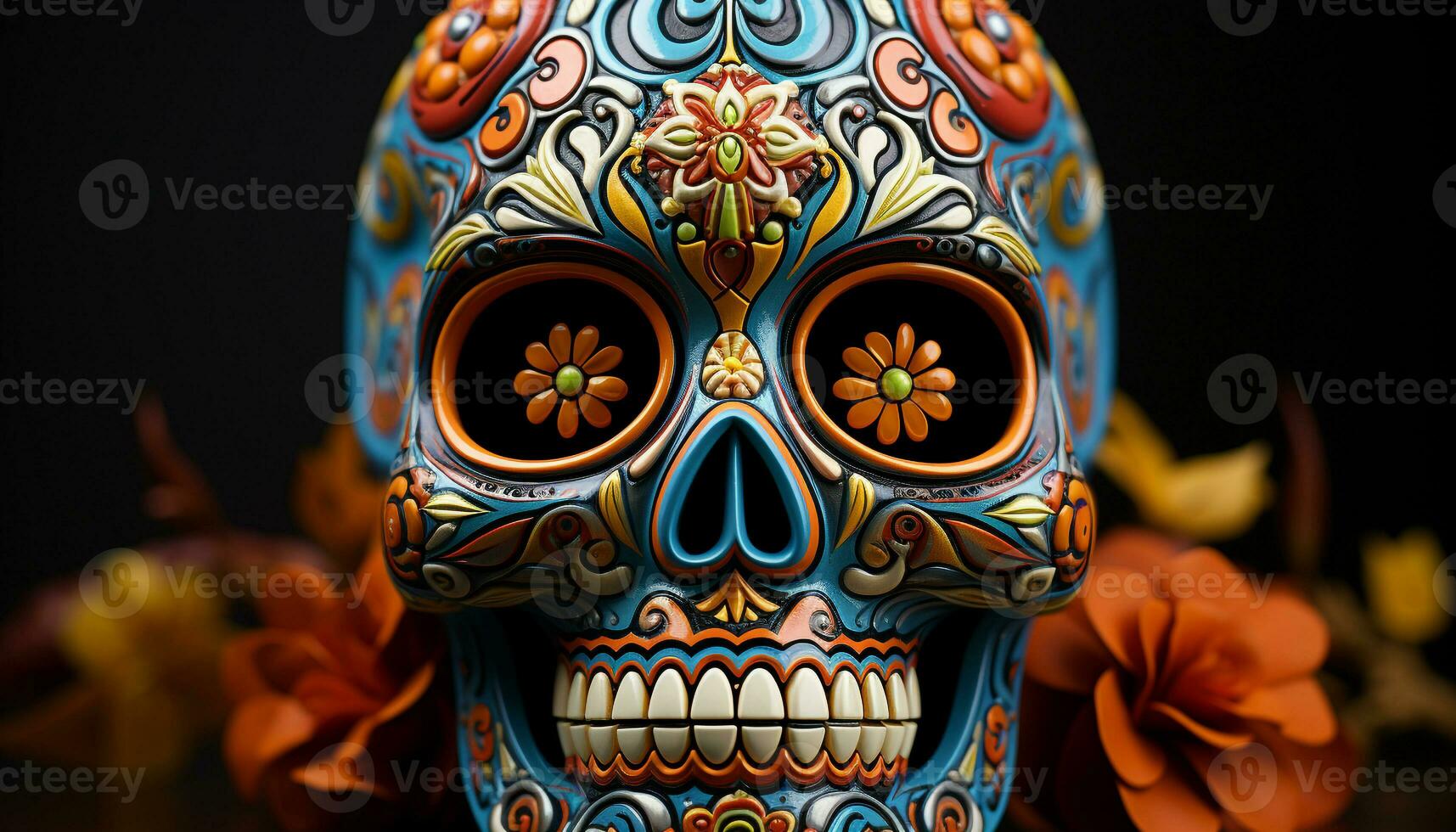 AI generated Day of the Dead celebration colorful skulls, spooky masks, cheerful spirits generated by AI photo