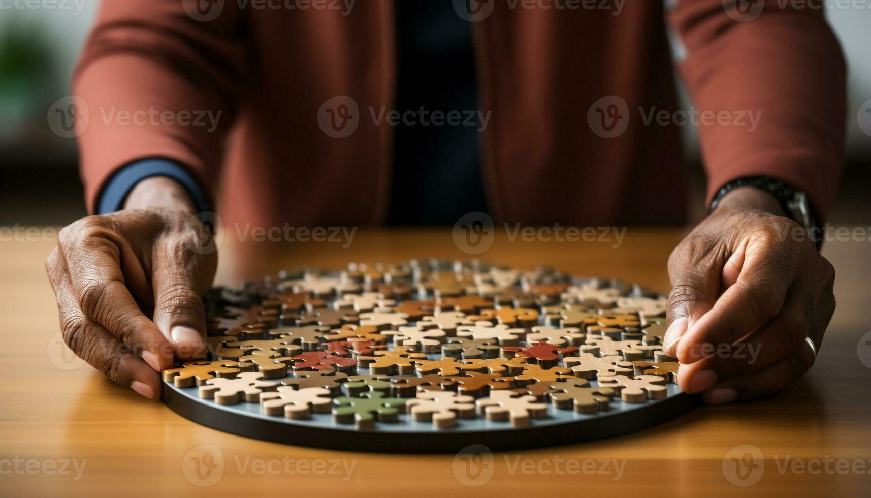 AI generated Businessman holding jigsaw piece, strategizing for success in teamwork generated by AI photo