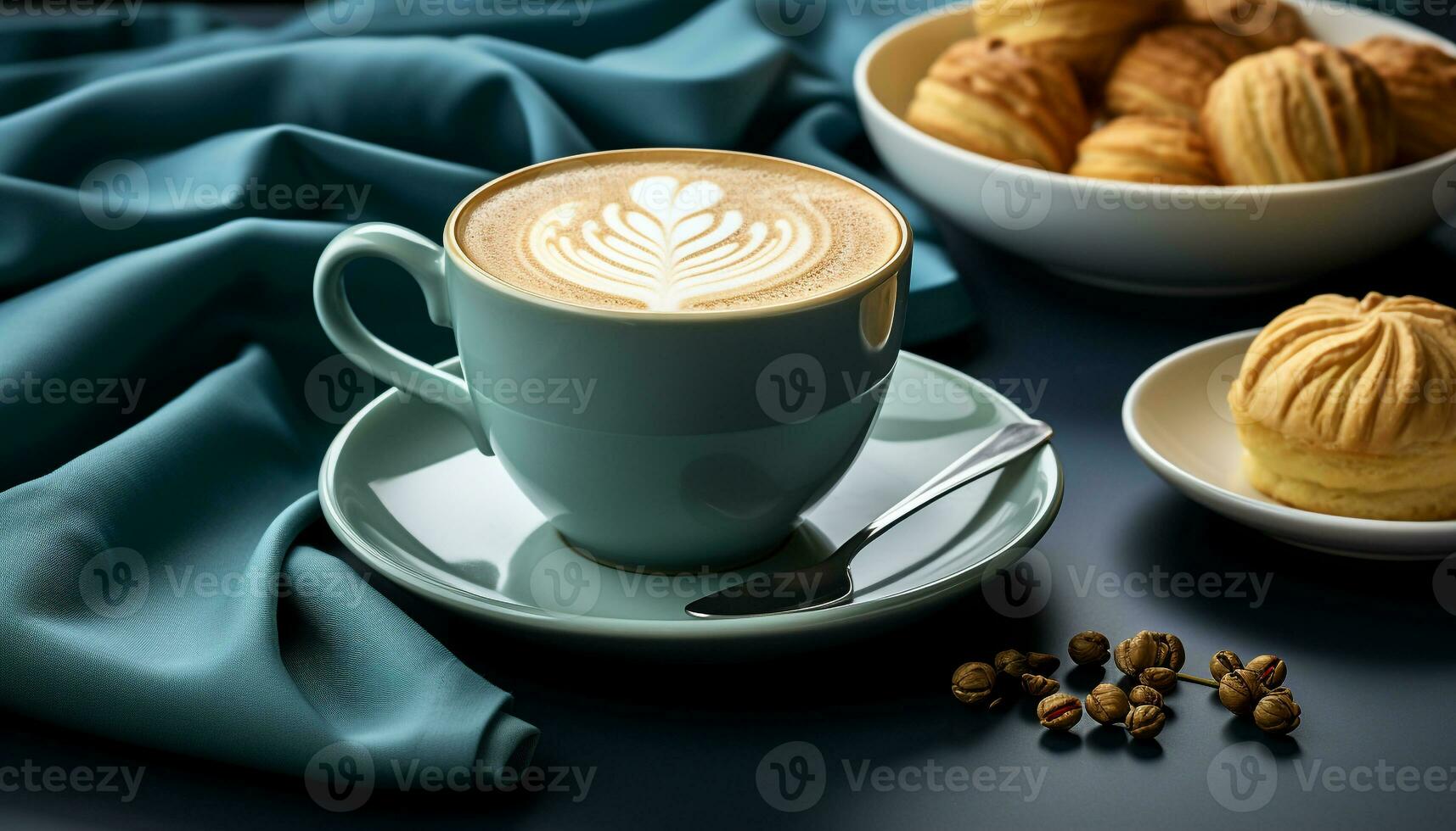 AI generated Gourmet cappuccino, frothy milk, chocolate, and a cookie snack generated by AI photo